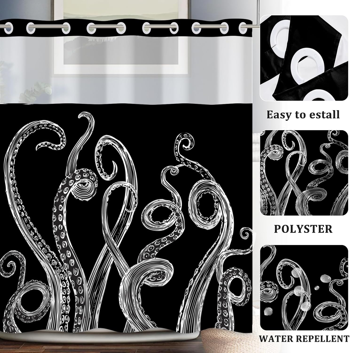 Baocicco Black Octopus No Hook Shower Curtain Nautical Black and White Sea Monster Double Layers Waterproof Fabric with See Through Top Window Coastal Hotel Shower Curtain and Liner Set 71x74 Inch