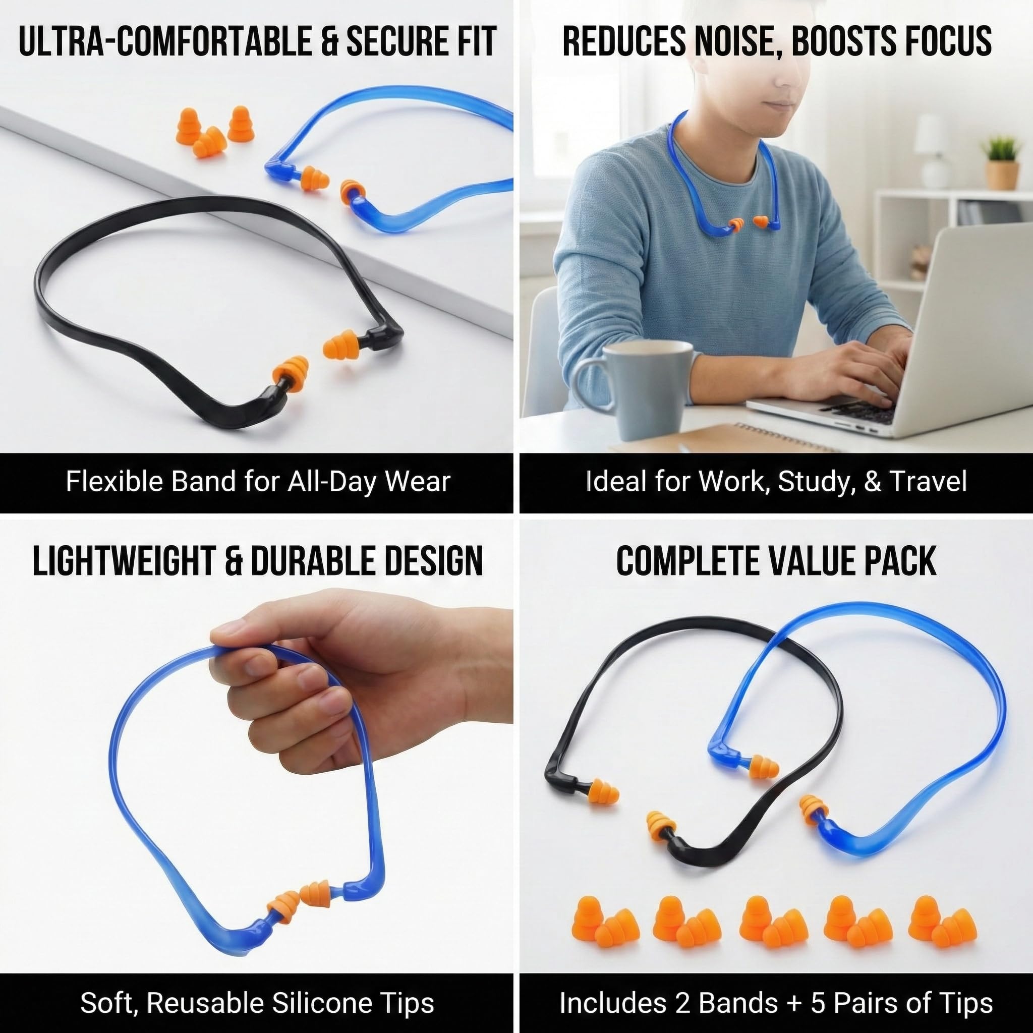 Casque Anti-Bruit avec Oreilles Souples en TPE – 2 Casques + 5 Paires d'Oreilles de Rechange, Confort Ergonomique, Idéal pour le Travail, la Natation et les Voyages, Protection Efficace contre le