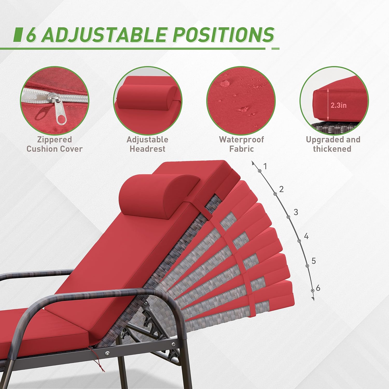 Kurapika Patio Chaise Lounge Set 3 Pieces Outdoor Lounge Chair, Rattan Reclining Chair Adjustable Backrest, Pool Sunbathing Recliners with Folding Table for Poolside Beach, Red