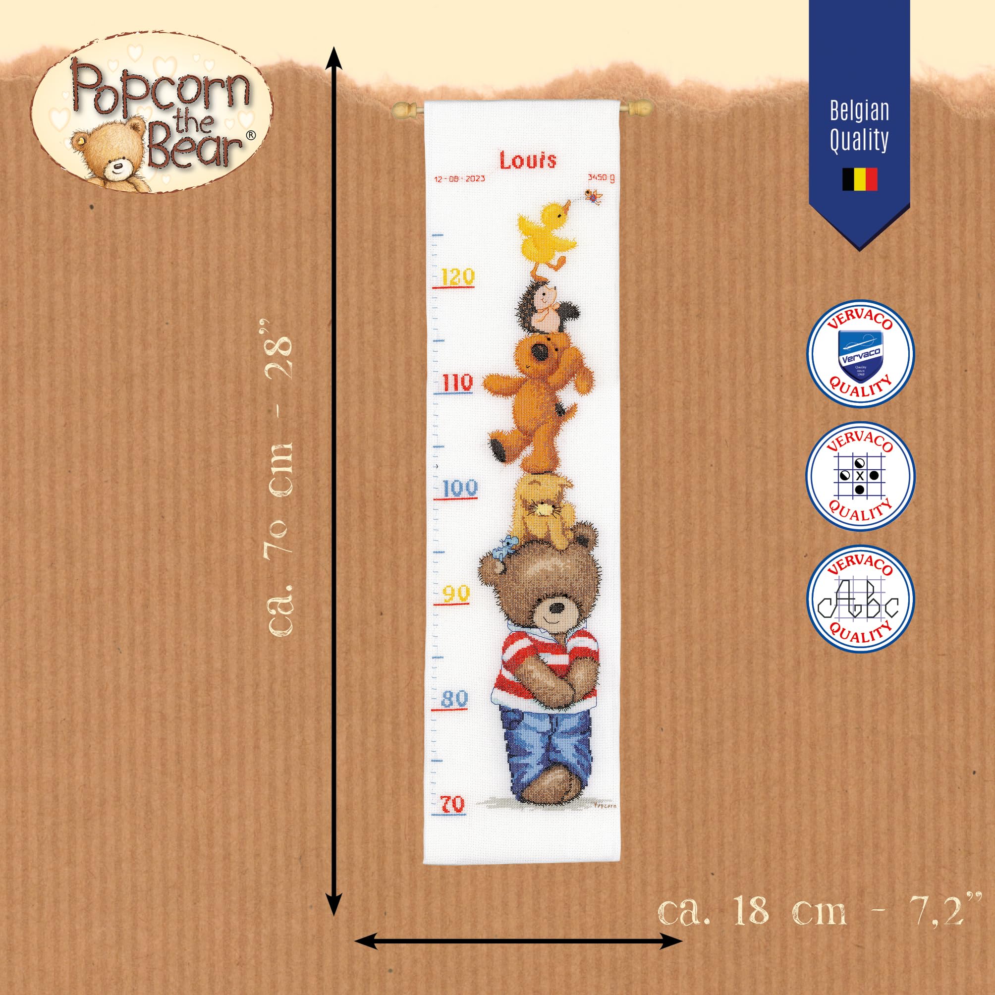 VERVACO Haft Krzyżykowy Liczony Zestaw Miarka Wzrostu dla Dzieci POPCORN I PRZYJACIELE Zrób to Sam Zestaw Kreatywny dla Dorosłych 18 x 70 cm Dekoracja Ścienna DIY Cross Stitch Kit