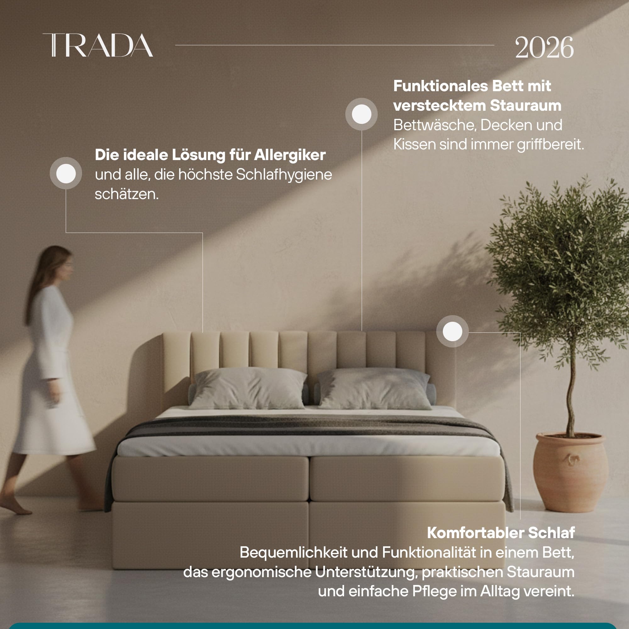 TRADA Boxspringbett mit Bettkästen und Bonell Matratze H3 - Elegant Bett Palermo mit Matratze und Topper - Grau - 200 x 200 cm