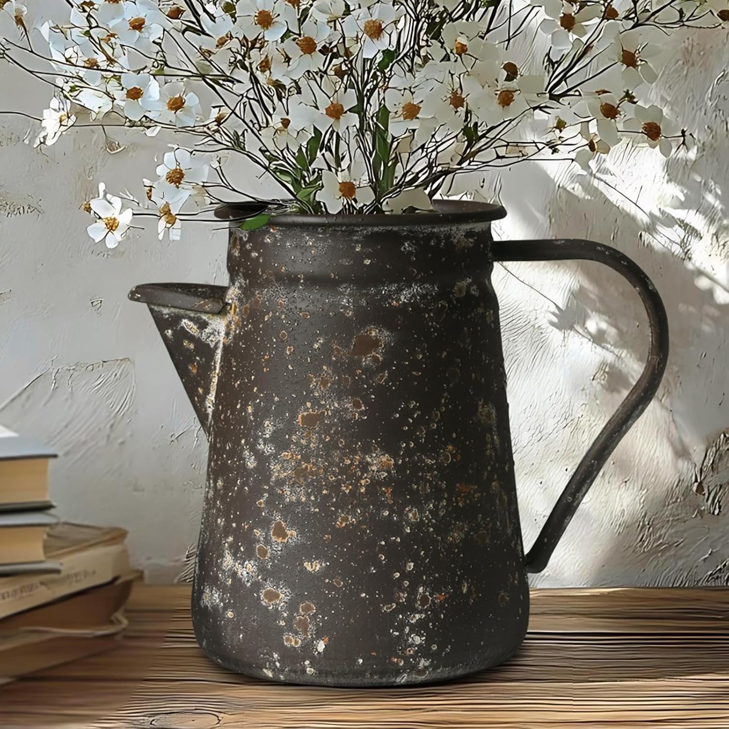 Vintage Pitcher Vase Rustic Farmhouse Vase for Flowers Vintage Metal Milk Jug Small Decorative Pitcher Shabby Chic Decor for Home, Kitchen, Bathroom, Brown