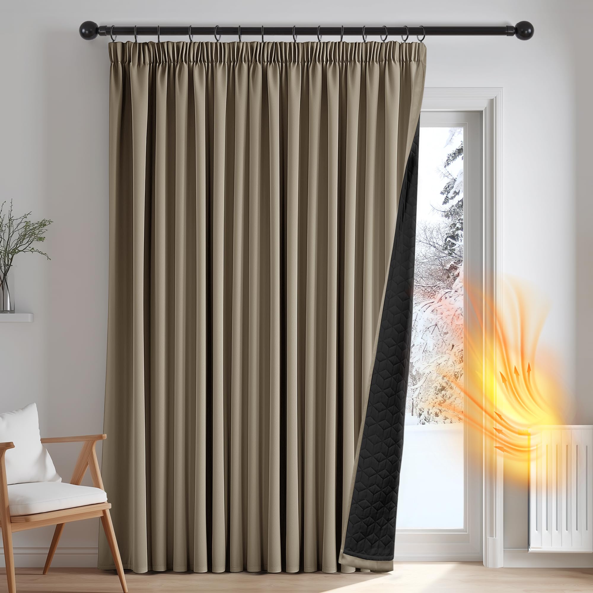 Deconovo Tenda Oscurante Termica Doppio Strato con Fettuccia, Pesante Isolante Antivento per Freddo e Caldo, per Finestre e Porte, 300x260 cm, Cachi, 1 Pezzo – Oeko-Tex® Standard 100