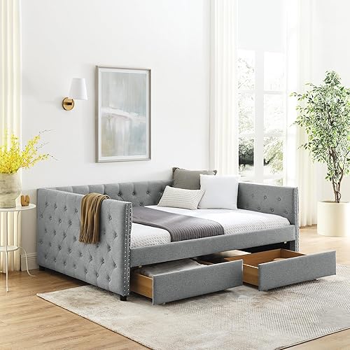 Full Size Daybed with Drawers,Button Tufted Upholstered Sofa Bed, Storage Daybed with Button on Back and Copper Nail on Waved Shape Arms for Living Room,Bedroom,No Box Spring Needed
