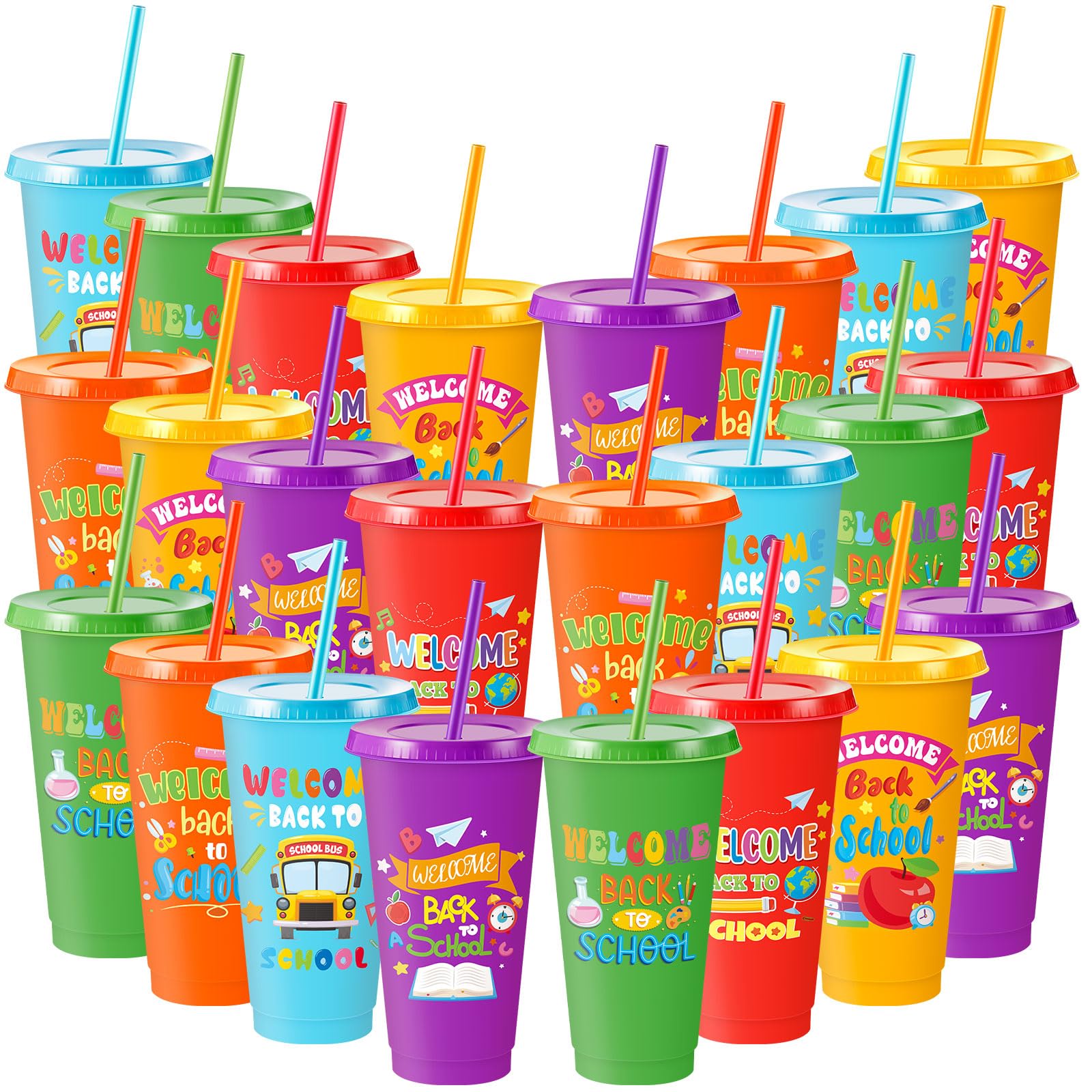 Chuangdi 24 Pcs Welcome Back to School Plastic Cups Bulk Gift 24 oz First Day of School Kids 24 oz Drinking Tumbler with Lids and Straws Water Bottle for Student Supply First Day Party Favors