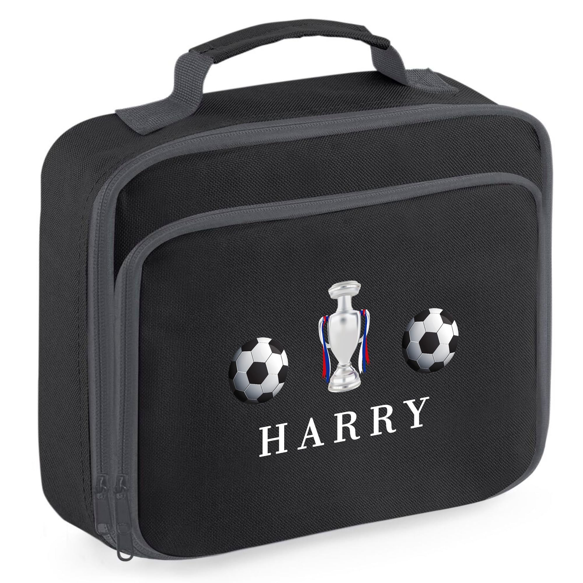 Personalised Football Lunch Box with Trophy Design Custom Name for Boys Girls Kids Back to School Nursery Toddler Infants, 24cm x 20cm x 8cm, Black