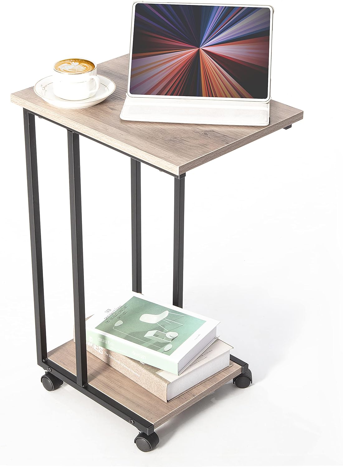 JJS Side End C Table for Sofa, Living Room Couch Table Snack Table That Slide Under for Small Spaces (SmokyGray)