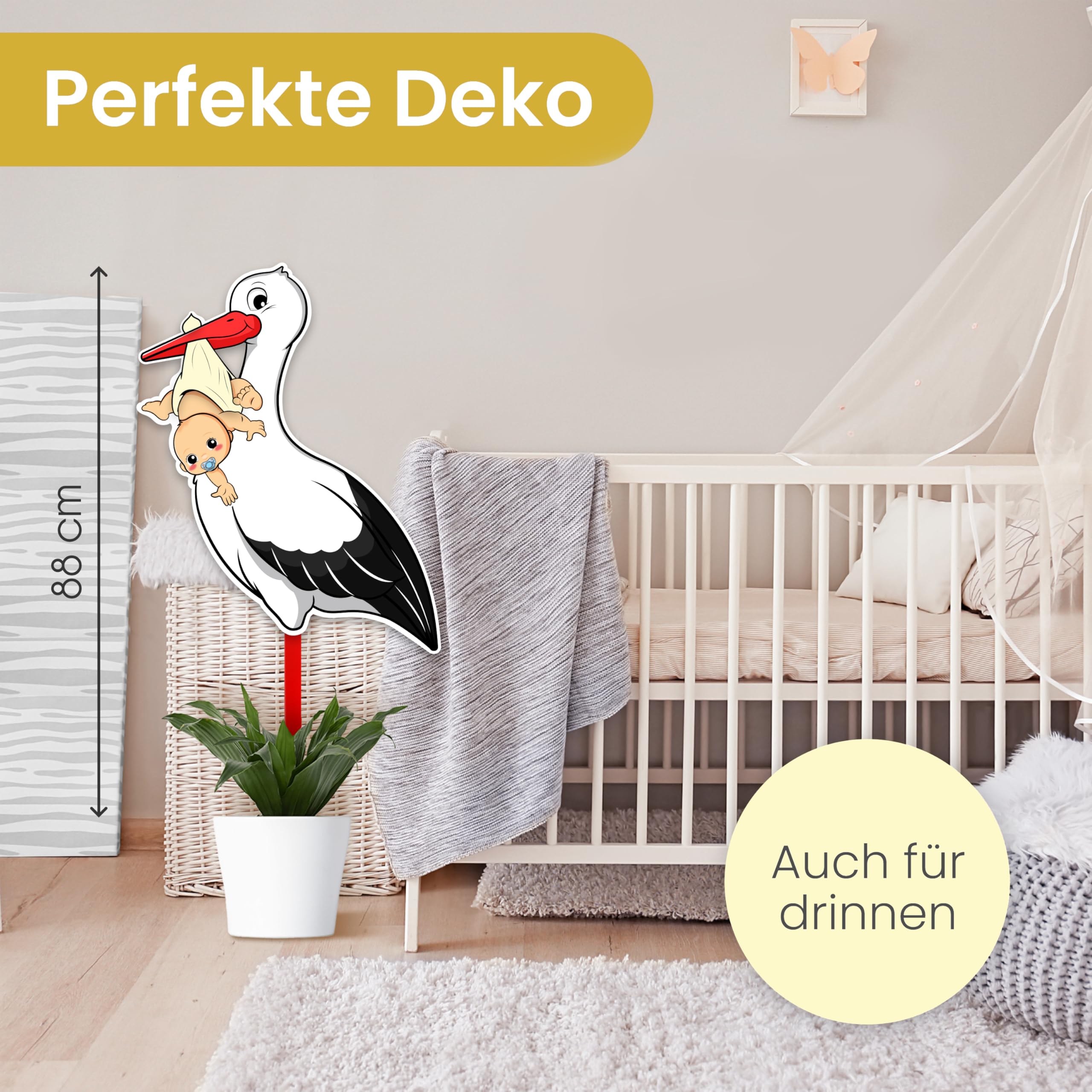 GLÜCKSGUT® Klapperstorch Baby Gelb, 88 cm | 2-teiliges Set | Geburtsstorch inkl. Bambusstab + Grußkarte | Storch Geburt für Draussen & Drinnen | Geburtsgeschenk
