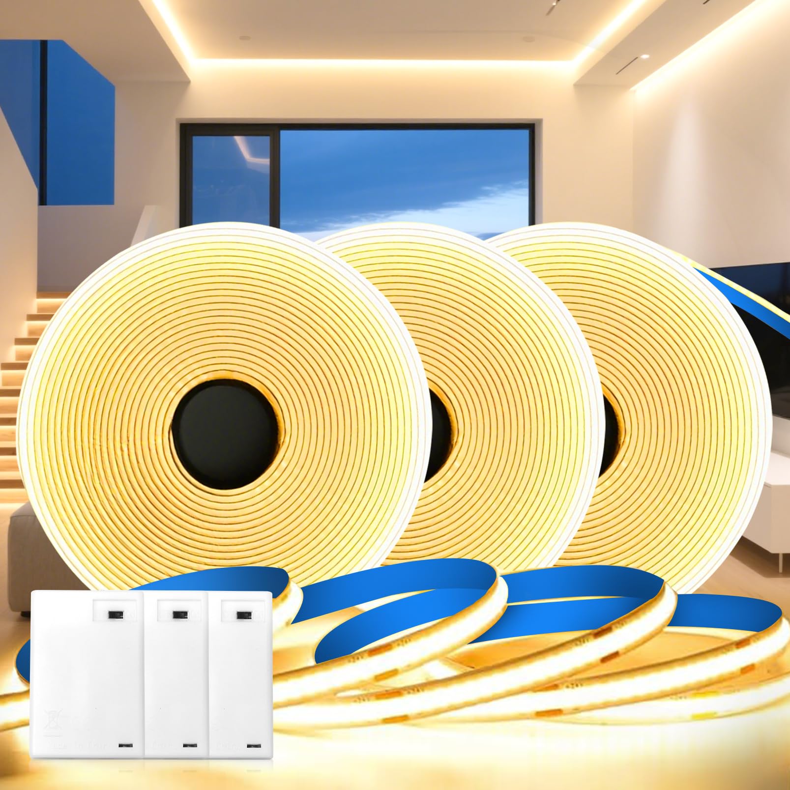 KSIBNW Battery COB LED Strip Lights, Warm White 3000K LED Strip Light Battery Powered, 3Pack 1M Self-Adhesive Tape Lights 8mm Width for TV,Bedroom,Kitchen,Cabinet,Bar Decor(Battery not Included)
