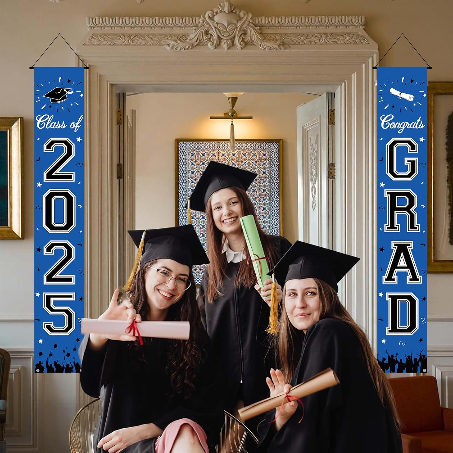 2025 Graduation Party Decoration Kit-Blue Gold Balloon Garland Arch and Congrats Grad 2025 Hanging Banner