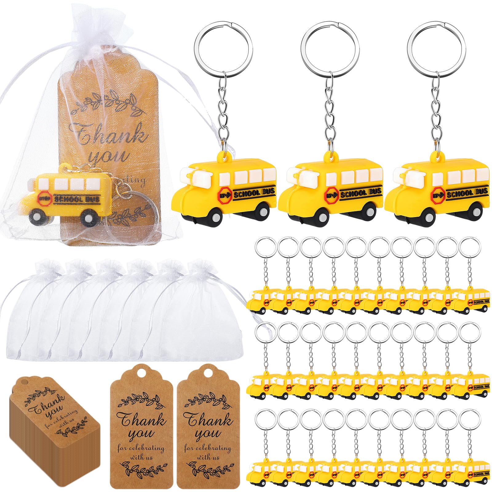 Equsion 12 Pcs School Bus Party Favors School Bus Keychain with White Organza Thank You Kraft Tags for Birthday Party Favors Backpack Key Decorations