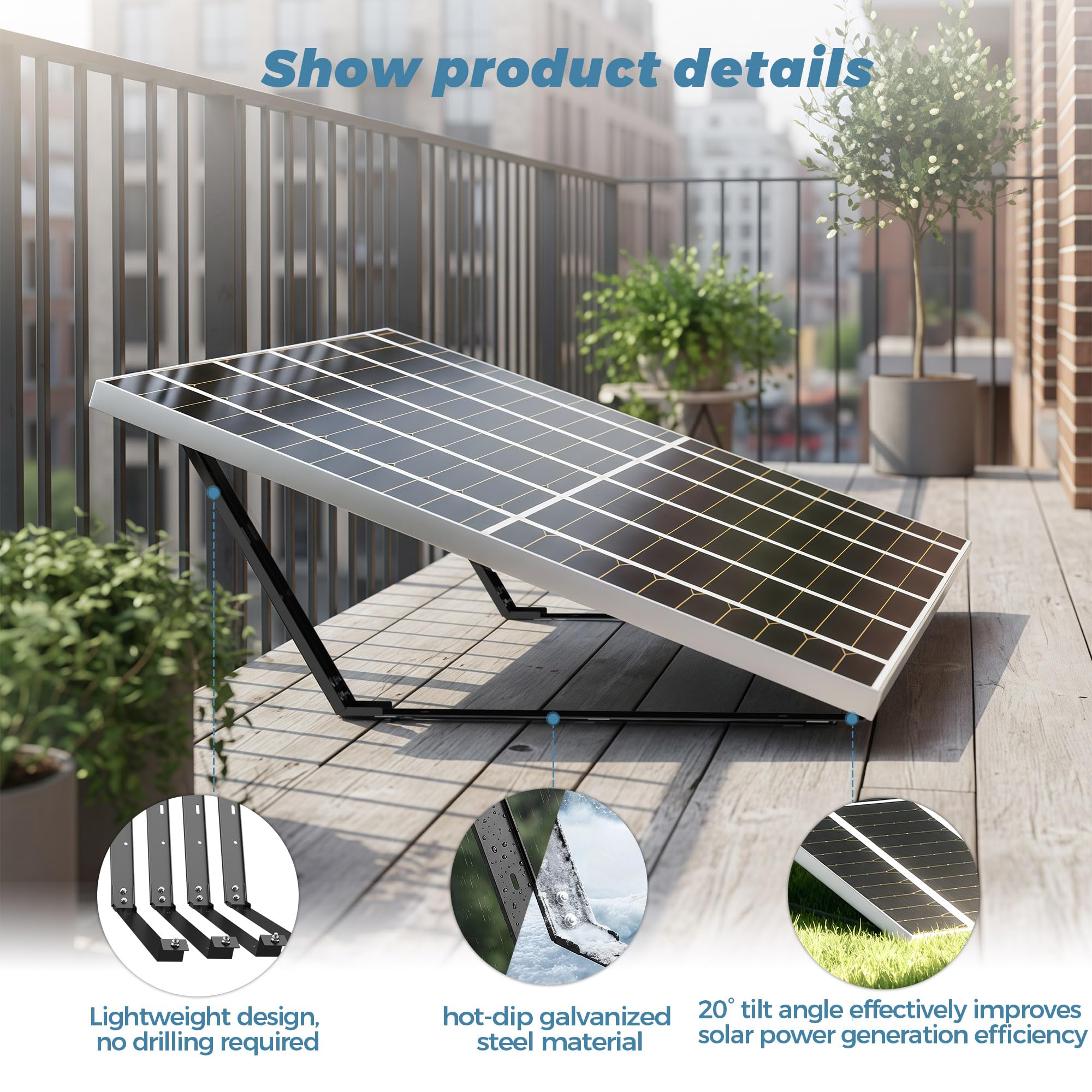 Staffa per pannello solare per tetto piatto e giardino, 2 set di staffe per centrali elettriche per balcone, angolo di inclinazione di 20°, nero, acciaio HV, antiscivolo, facile da montare, per patio