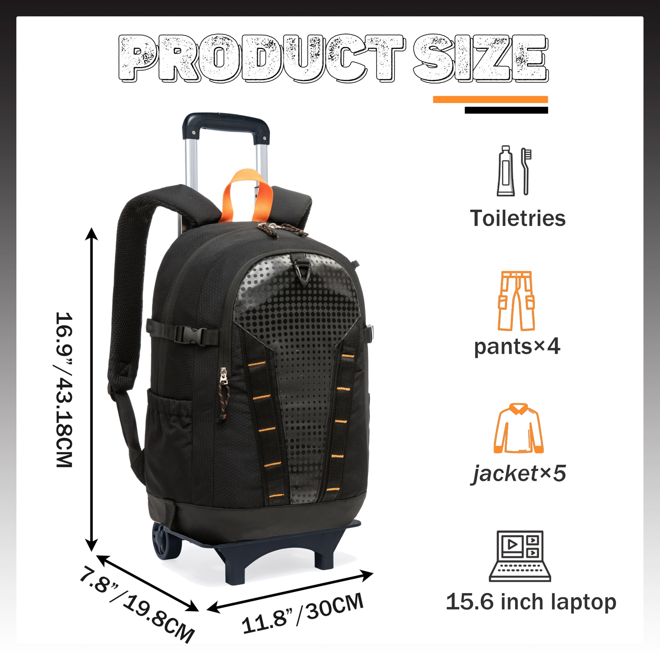 HTgroce Sac à Dos Roulette pour Ordinateur - Sac à Dos de Voyage avec roulettes - Valise Cabine Trolley Noir - Professionnel pour Travail, Études et Voyages