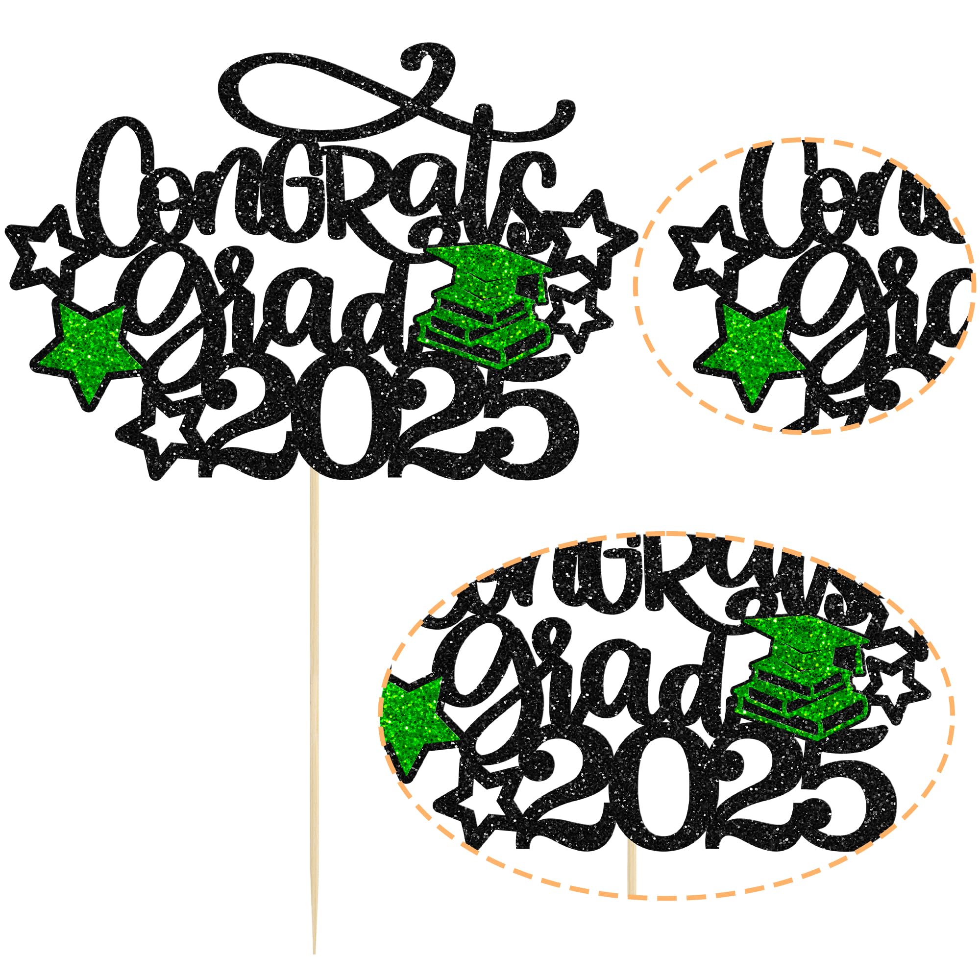 Gyufise 1Pc Congrats Grad 2026 Cake Topper Glitter Star Class of 2026 Graduation Cap Cake Pick for 2026 Graduation Theme Party Cake Decorations Supplies Green - Image 3