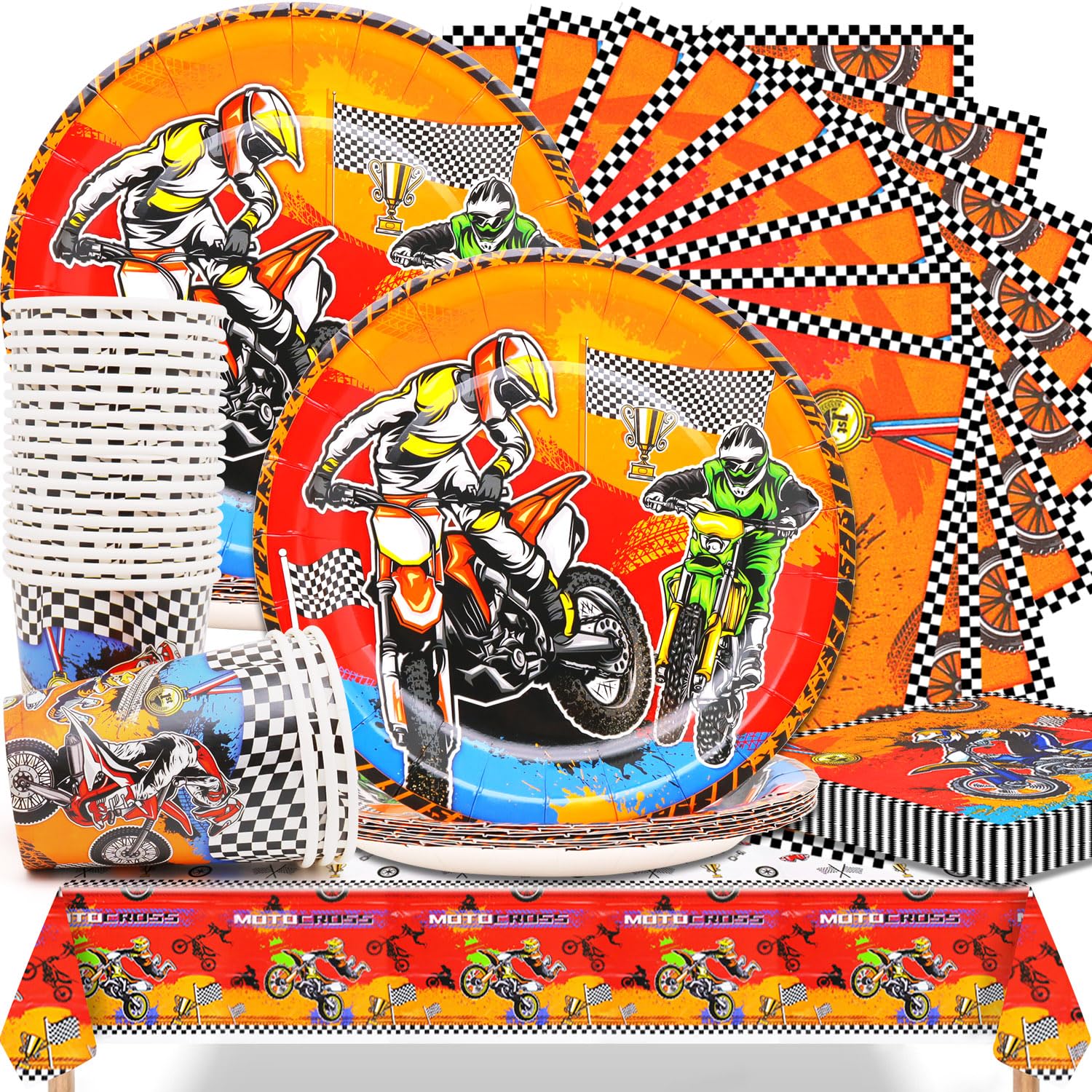 Set Stoviglie Per Feste A Tema Moto - 61 Pezzi Per Compleanno Bambini, Con Tovaglia E Tovaglioli - Foto 6