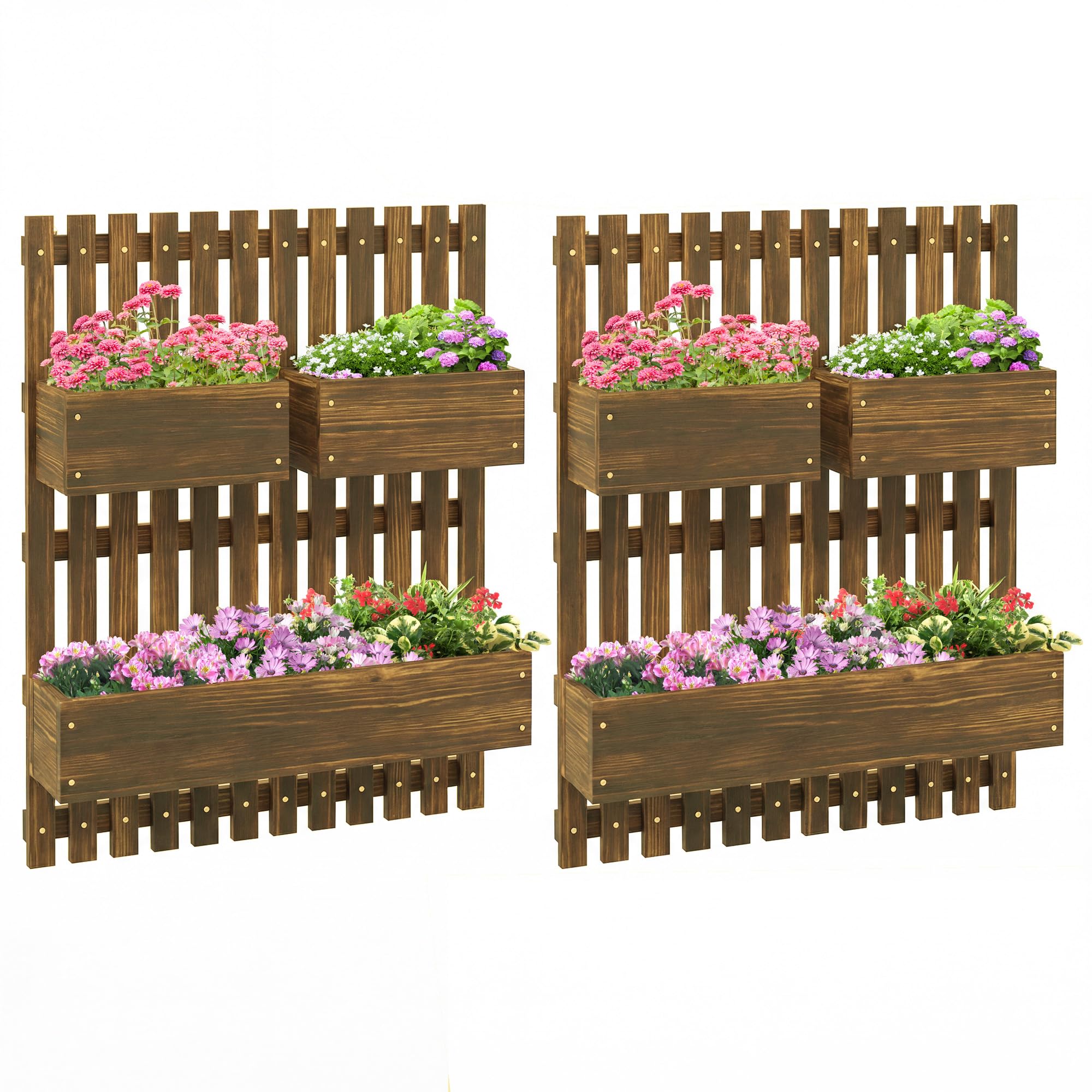 Outsunny Carbonised Finish Set Of 2 Wall-Mounted Wooden Garden Planters With Trellis, Drainage Holes And Movable Planter Boxes, Wall Raised Garden Bed For Patio, Carbonised