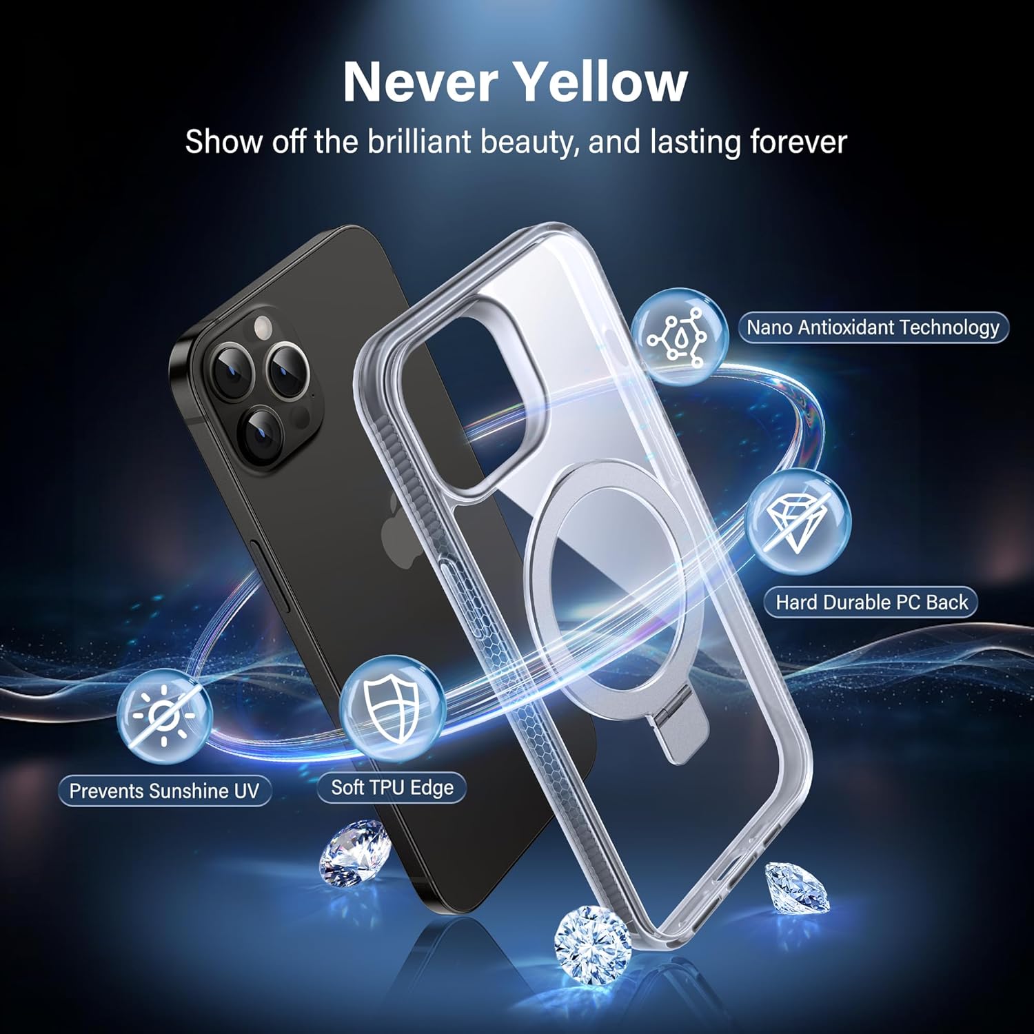 Magnetic Case for iPhone 14 Pro - [Built-in Invisible Stand] [Compatible with MagSafe] [Military Grade Drop Protection] Anti-Yellowing Hard Back Silicone Edge Cover, 6.1", Clear - Image 6