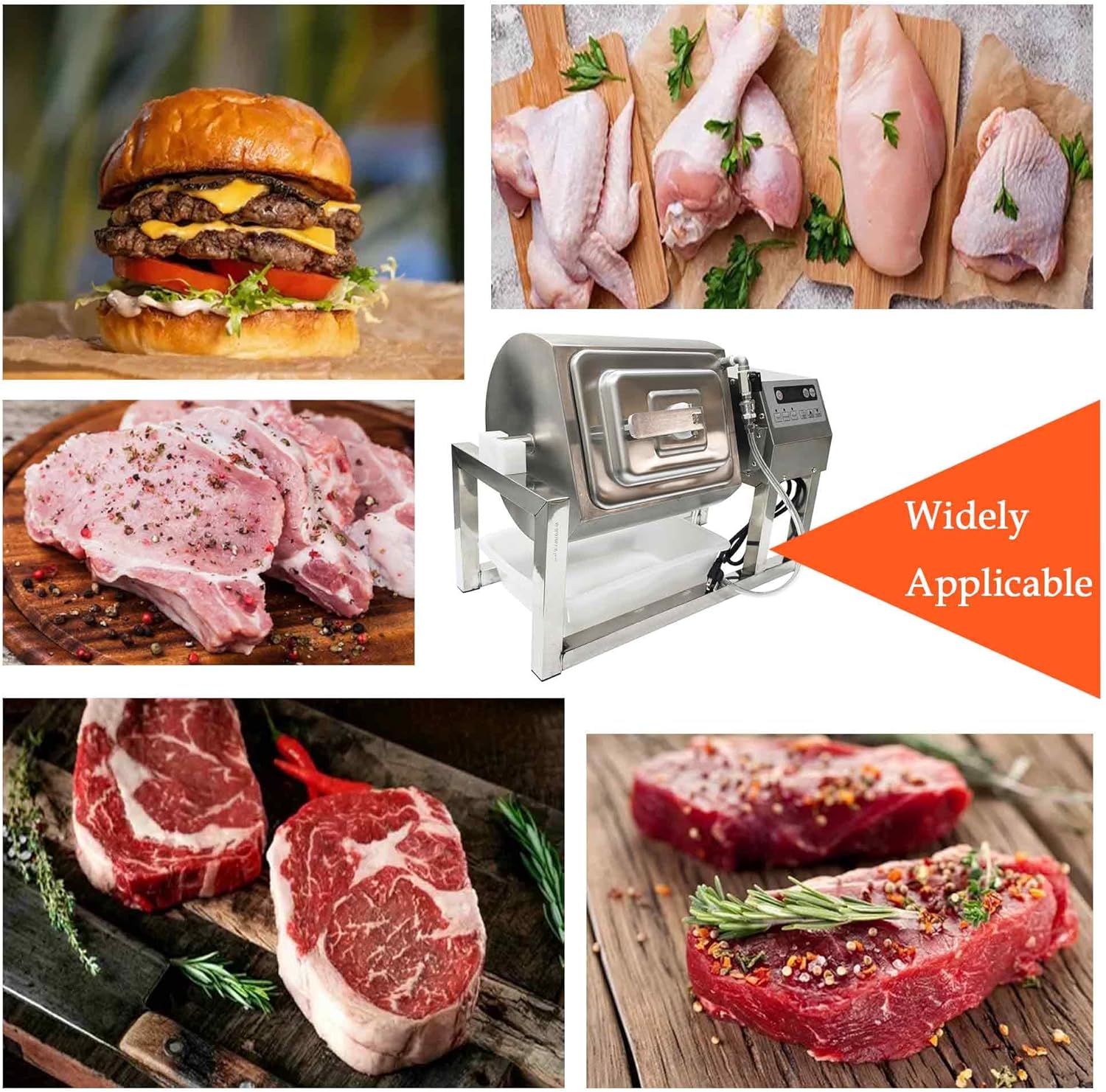 110V 15L Vacuum Pump Meat Tumbler Marinator, 80W Stainless Steel Circular Barrel for Meat, Vegetables, Chicken, 360° Rotation, Automatic Timer, Fast Flavor Infusion