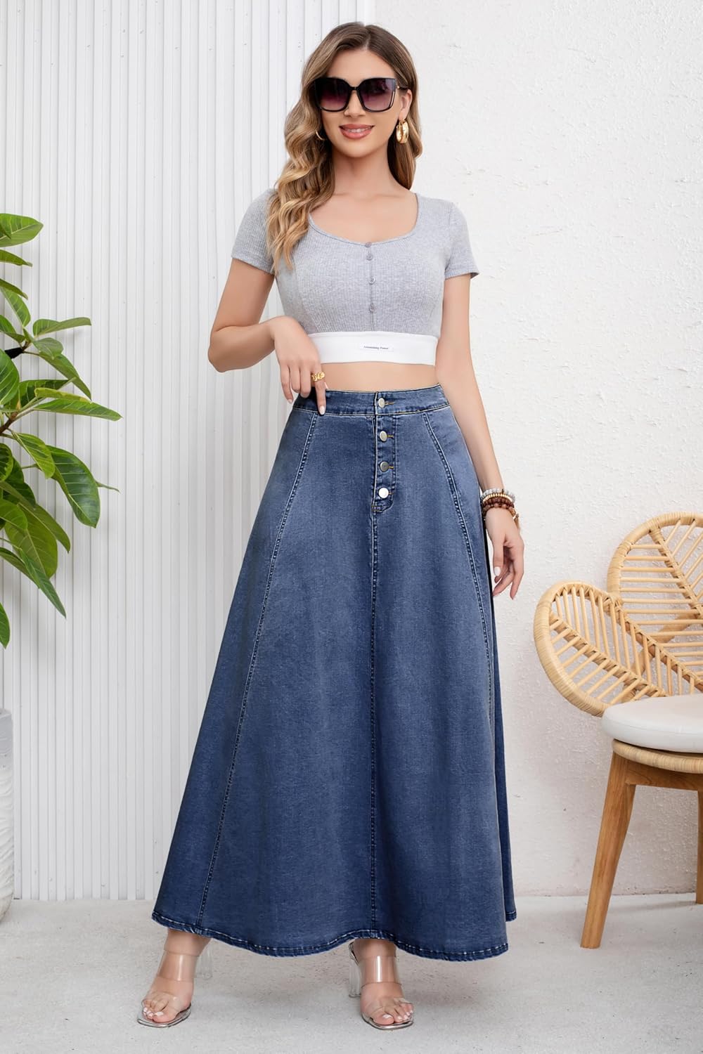 ebossy Women's Retro High Waisted Button Fly Flared Long Jean Skirts Pleated Flowy Swing A-line Denim Maxi Skirts - Image 2