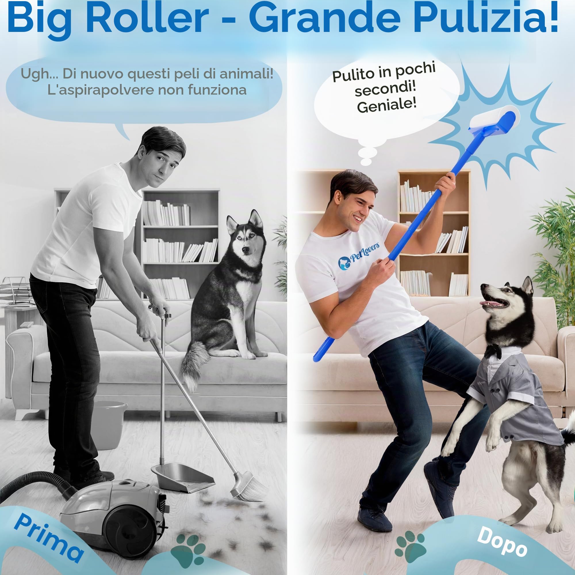 Rullo Rimuovi Peli PetLovers Large con 3 Ricariche – 360 Fogli Totali per Affrontare i Peli degli Animali, Rullo Extra Large per Pavimenti e Tappeti per Case con Animali, Perfetto per Pavimenti
