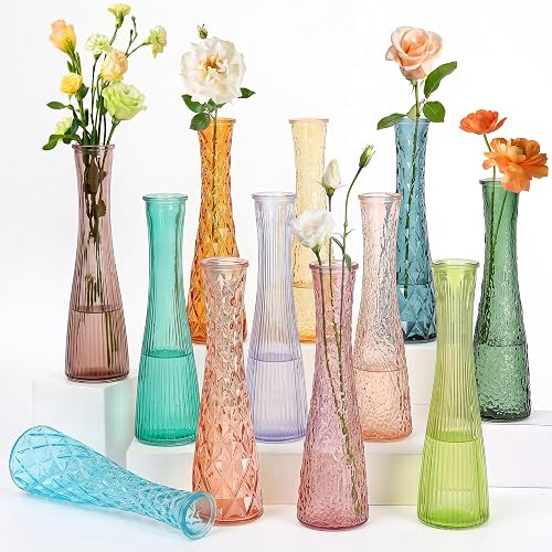 Glass Bud Vases Bulk 12 Pack, Colored Flower Vases for Wedding Centerpieces | Assorted Textured Table Centerpiece Vase Set for Home, Hotel, Party & Birthday Decor