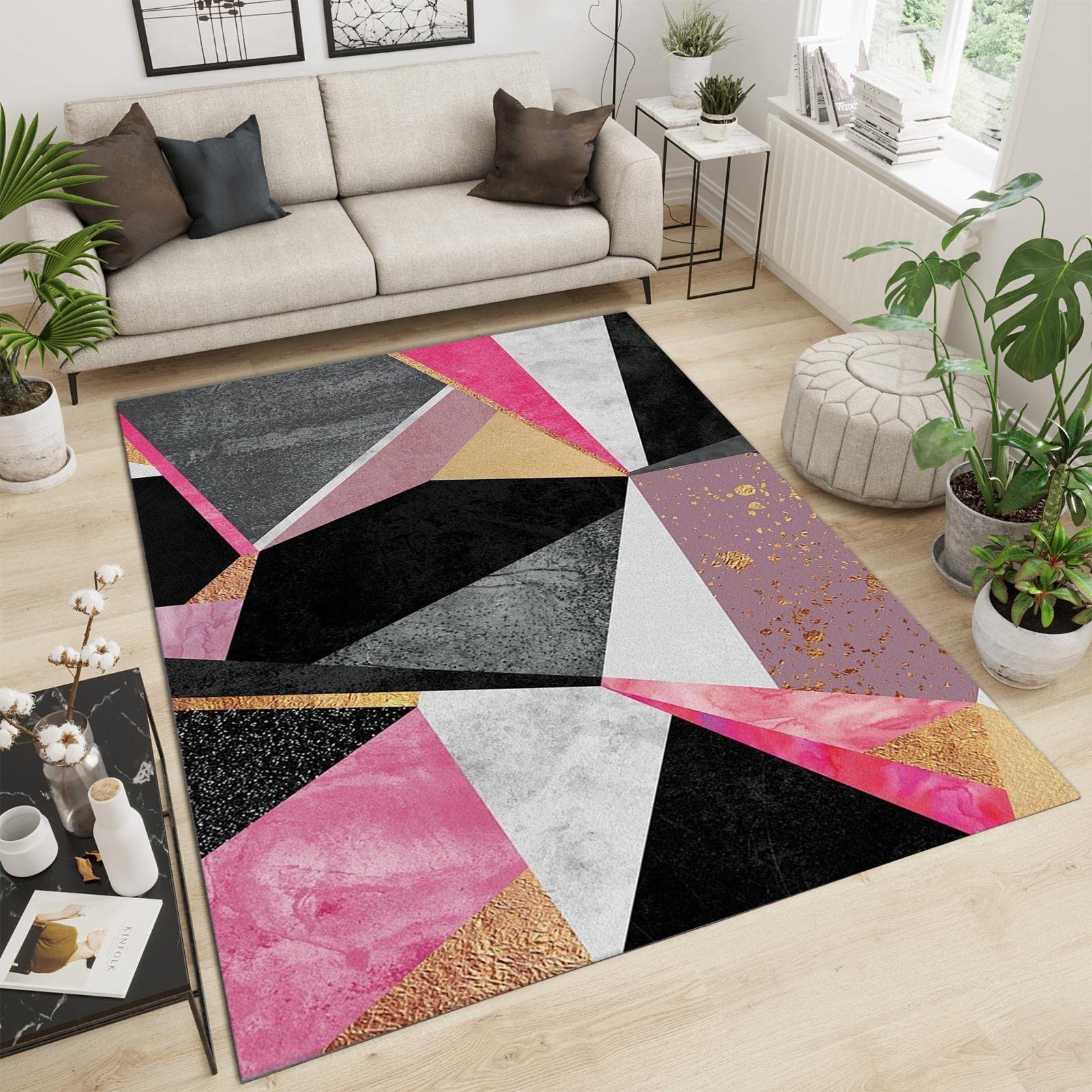 Pink Gray Black Marble Texture Area Rug, Irregular Geometry Light Luxury Indoor Non-Slip Kids Rugs, Machine Washable Breathable Durable Carpet for Front Entrance Floor Decor,5.3 x 8ft