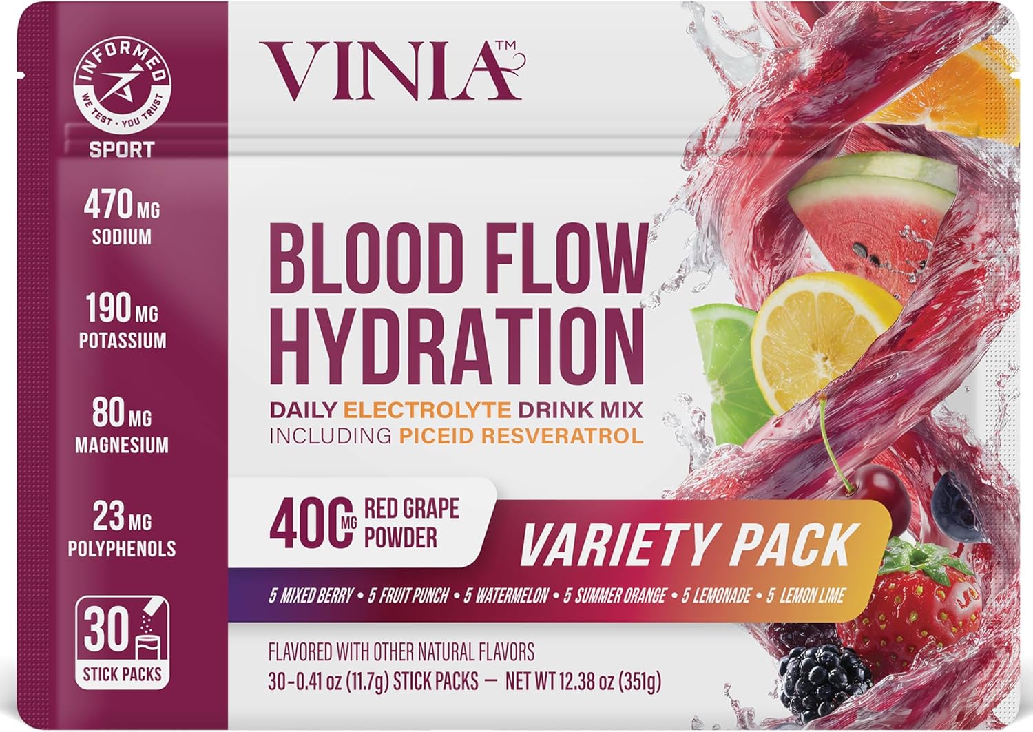 VINIA Resveratrol Electrolyte Hydration Powder Mix | Boost Blood Flow & Circulation | Sea Salt, Coconut Water Potassium, Magnesium, Informed Sport Certified