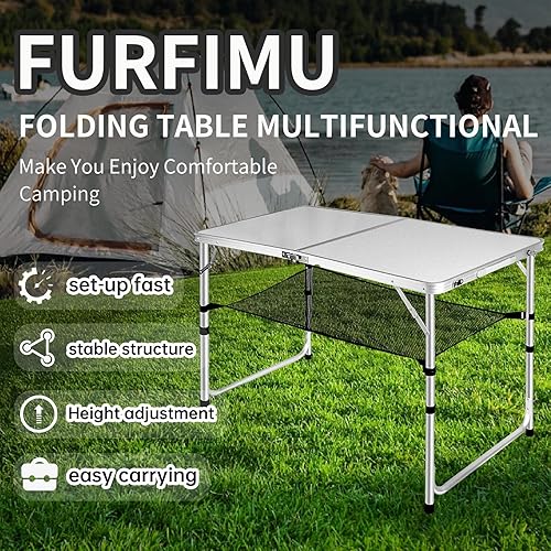 Miniatura 5 de Mesa plegable grande, mesa plegable de 2 alturas ajustables, mesa de campamento portátil de 4 pies, mesa plegable al aire libre con malla de red,