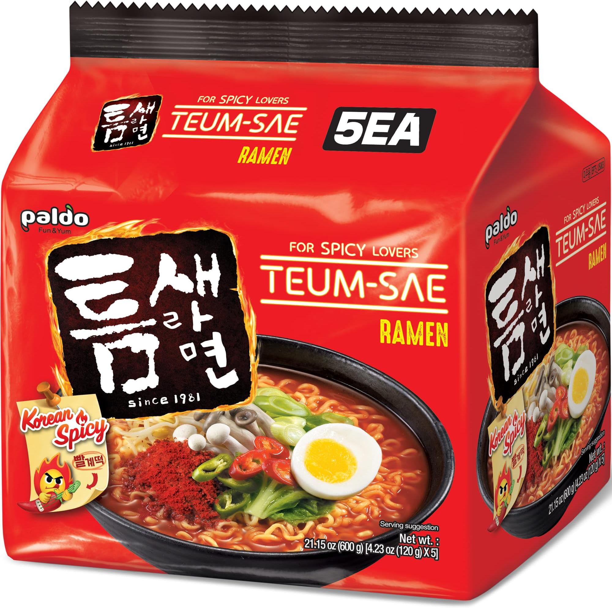 Fun & Yum Teumsae Hot and Spicy Ramen Korean Instant Noodle 4.23oz (Pack of 5)