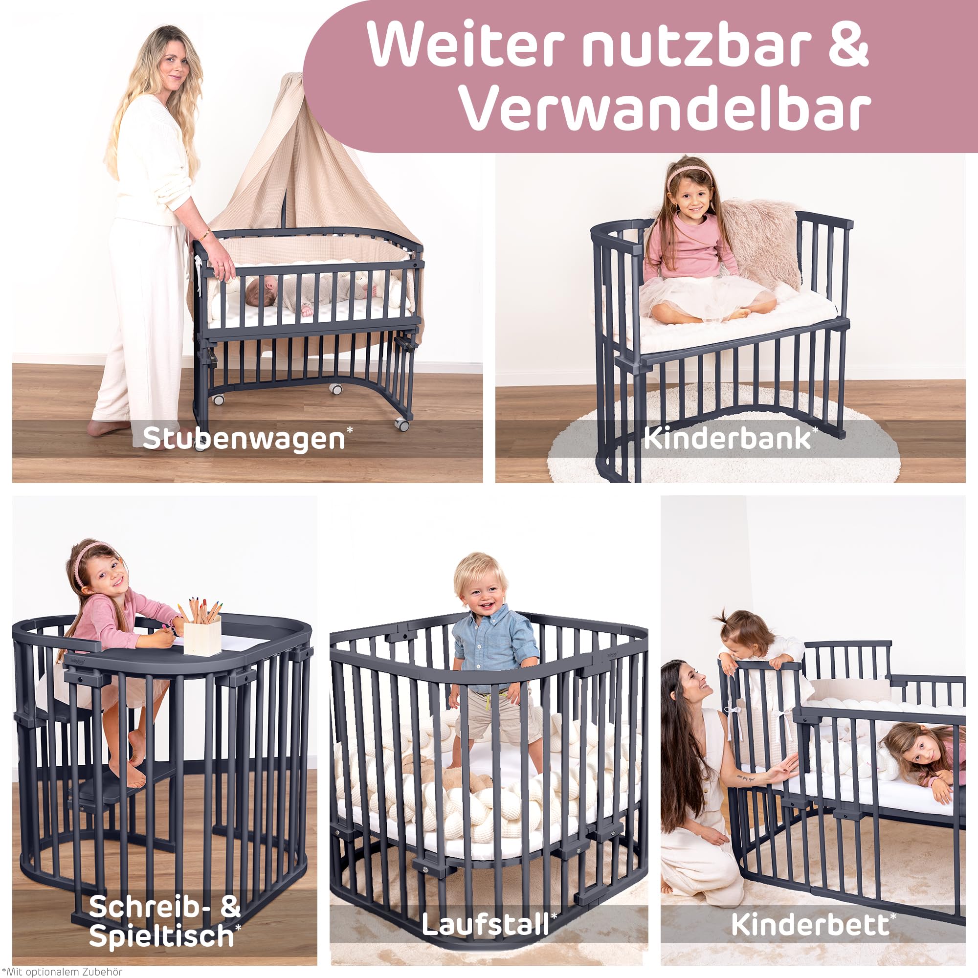 babybay Boxspring Lettino in legno massello di faggio, compatto e trasformabile, altezza regolabile senza livelli preimpostati, lettino per bambini (verniciato grigio ardesia), con materasso, griglia