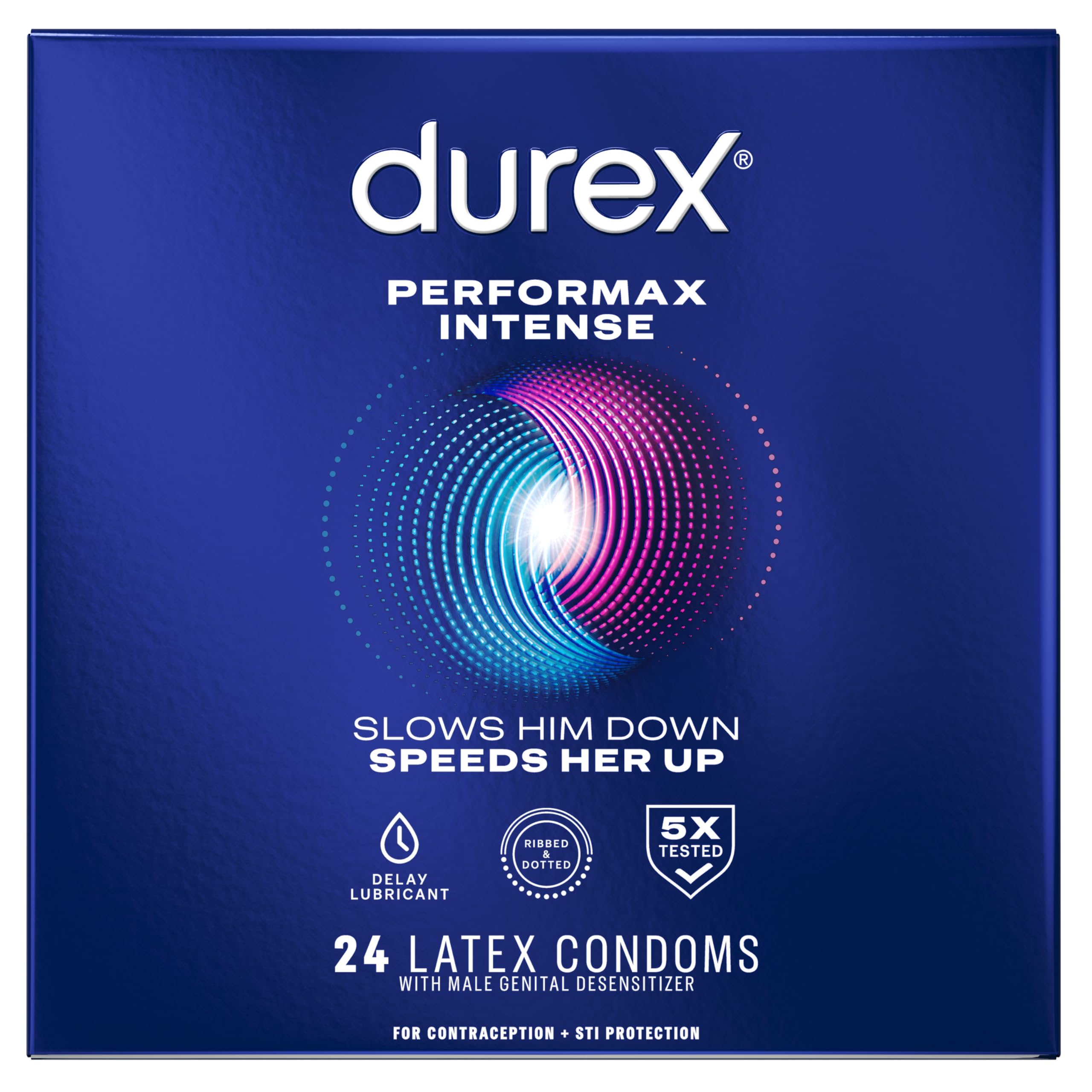 Durex Performax Intense Natural Rubber Latex Condoms, Regular Fit, 24 Count, Contains Desensitizing Lube for Men, (Packaging May Vary)
