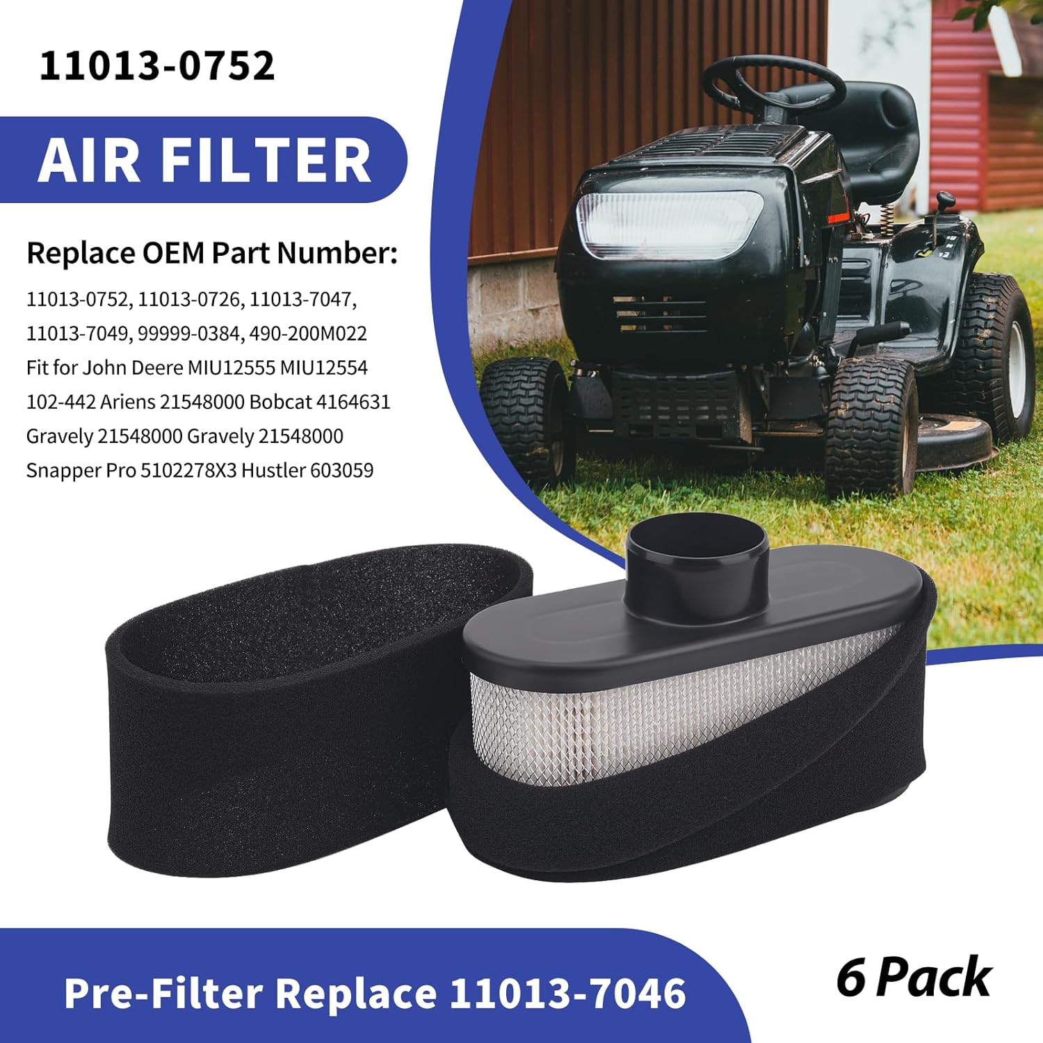 6 Packs 11013-0752 Air Filter for Kawasaki FR691V FR651V FR730V, with 11013-7046 Pre Filter, for FS541V FS600V FS651V FS691V FS730V 24hp Engine Air Cleaner, Replace 11013-0726 11013-7047