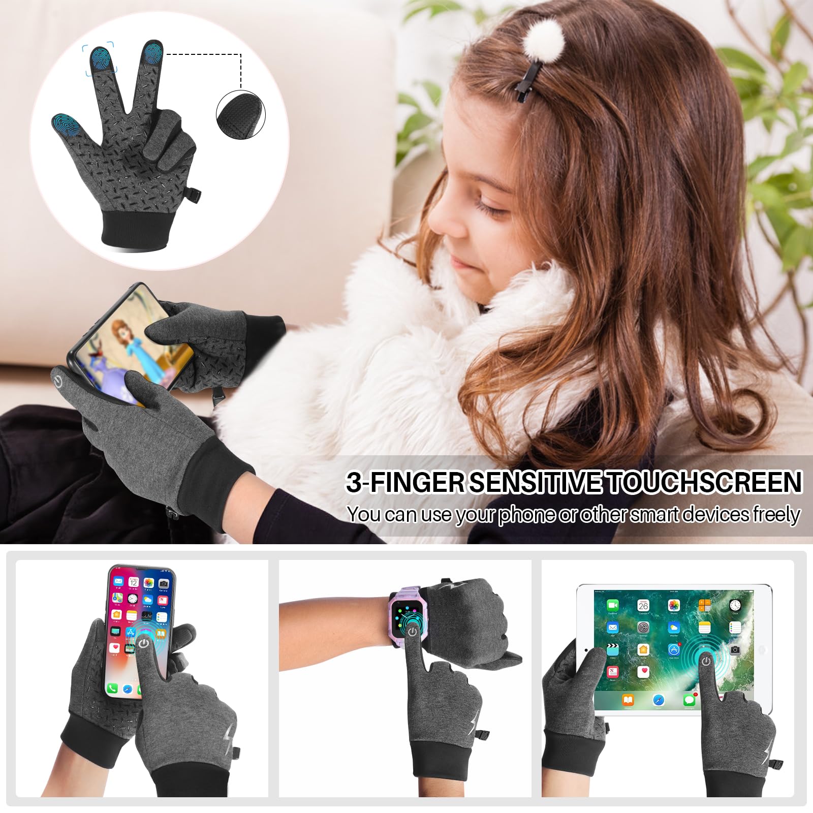 Guantes Termicos Invierno Niños Guantes Bicicleta Niño Niñas Antideslizantes, Guantes Ciclismo Niño Invierno Guantes Pantalla Tactil para Ciclismo Bicic Correr Moto Fútbol, para Niños 4-12 Años