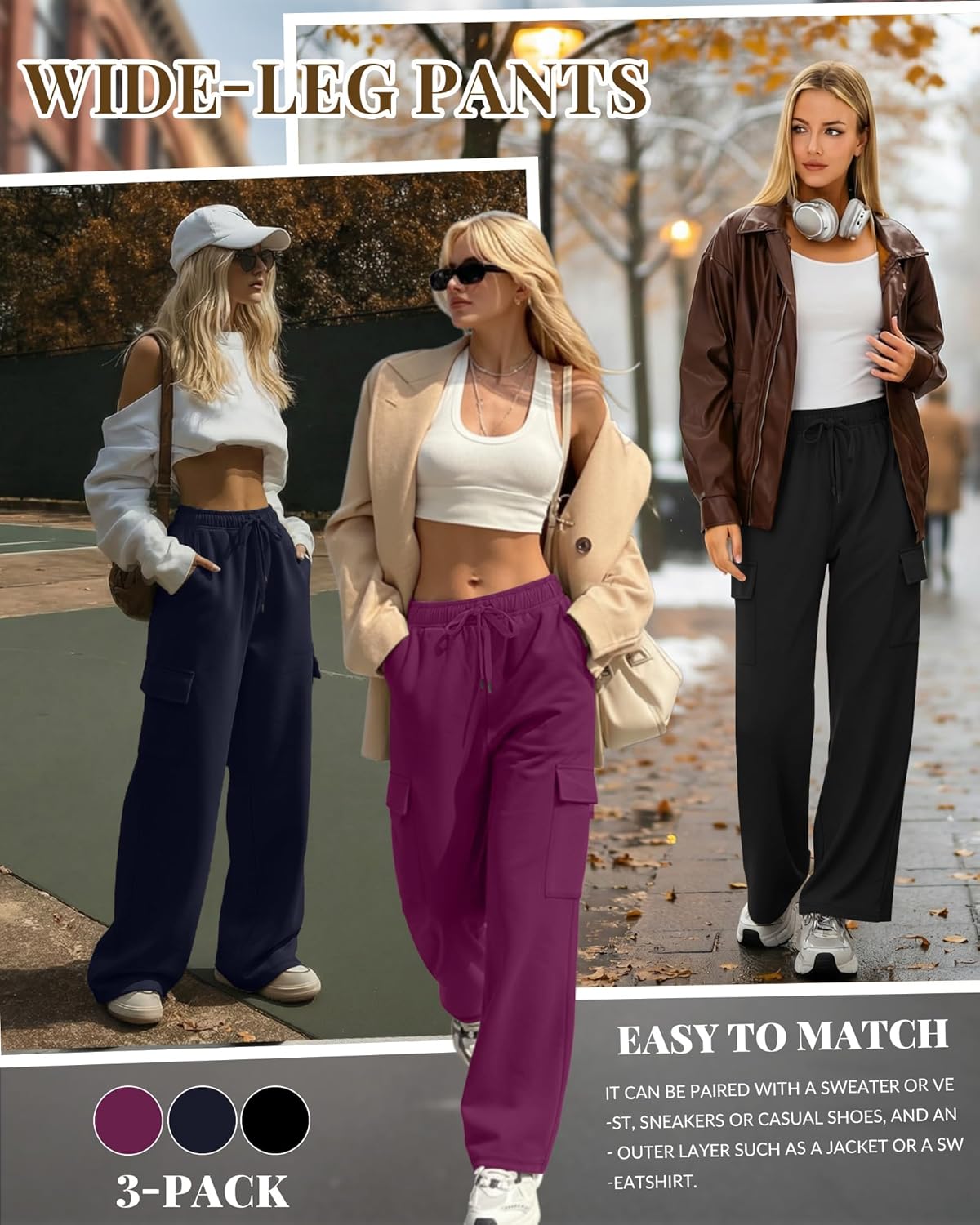 3 Pack Women's Cargo Sweatpants Wide Leg Baggy Elastic Drawstring Pants Casual Athletic Joggers with 4 Pockets - Image 2
