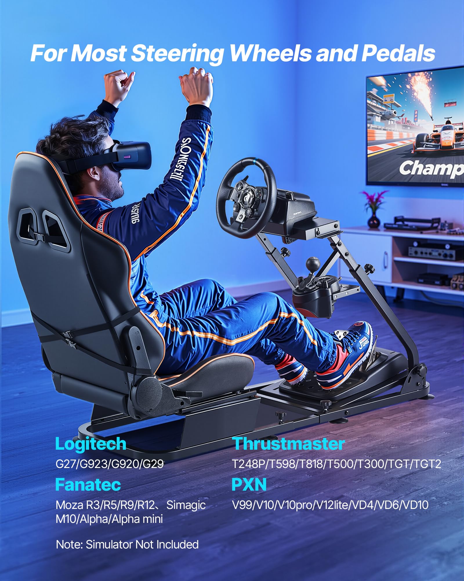 VEVOR Support de Volant de Course Cockpit de Simulateur de Conduite, Double Bras, Compatible Pédales Logitech G25, G27, G29, G920, G923, Thrustmaster T300RS, TX F458, T500RS, T3PA-PRO (F1/GT), CSR
