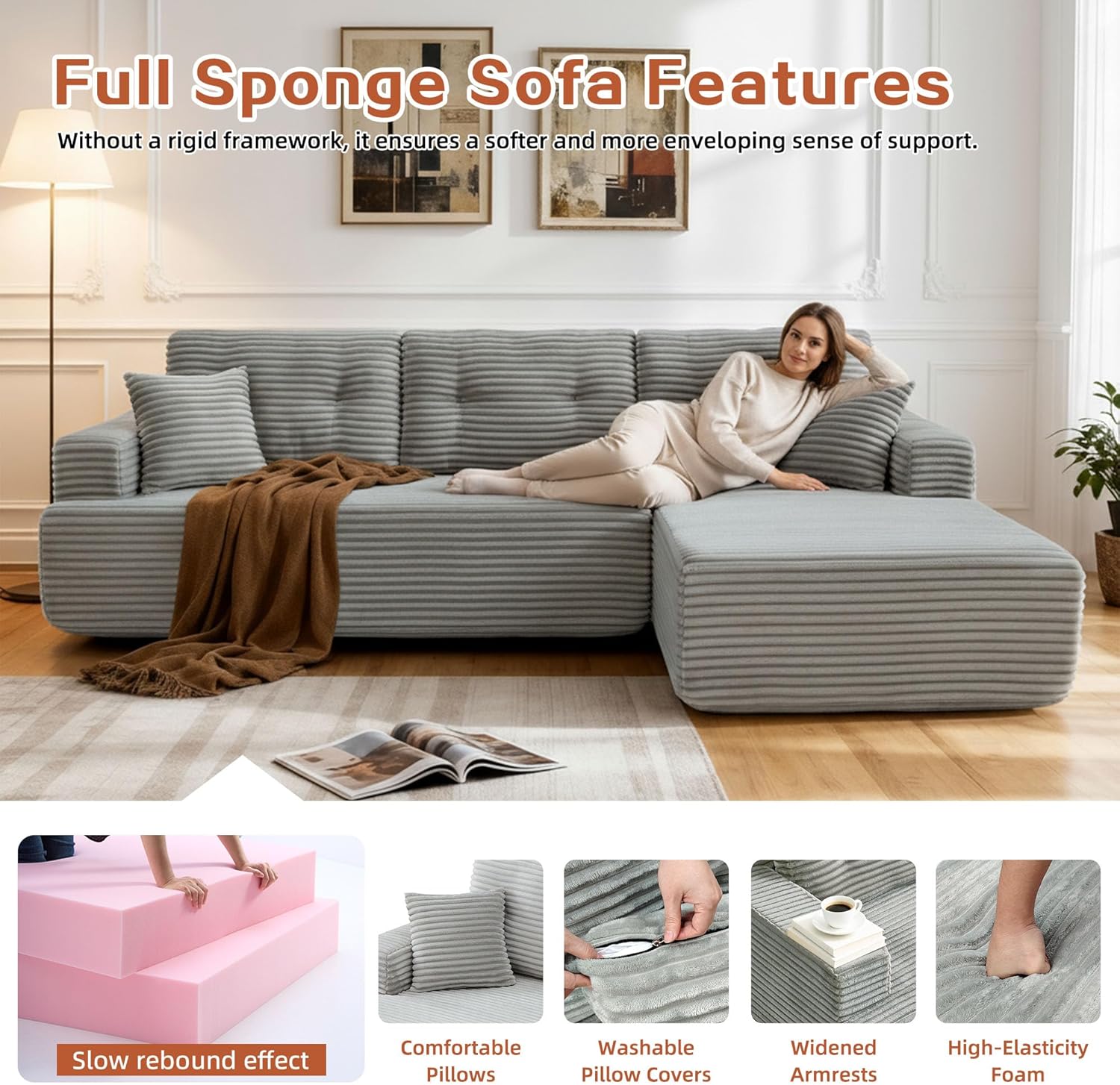 107" Boneless Couches for Living Room - Modular Sectional Sofa, L-Shape Comfy Corduroy Fluffy Couch with Deep Seat, No Assembly Required (Right-Facing Chaise, Light Gray)