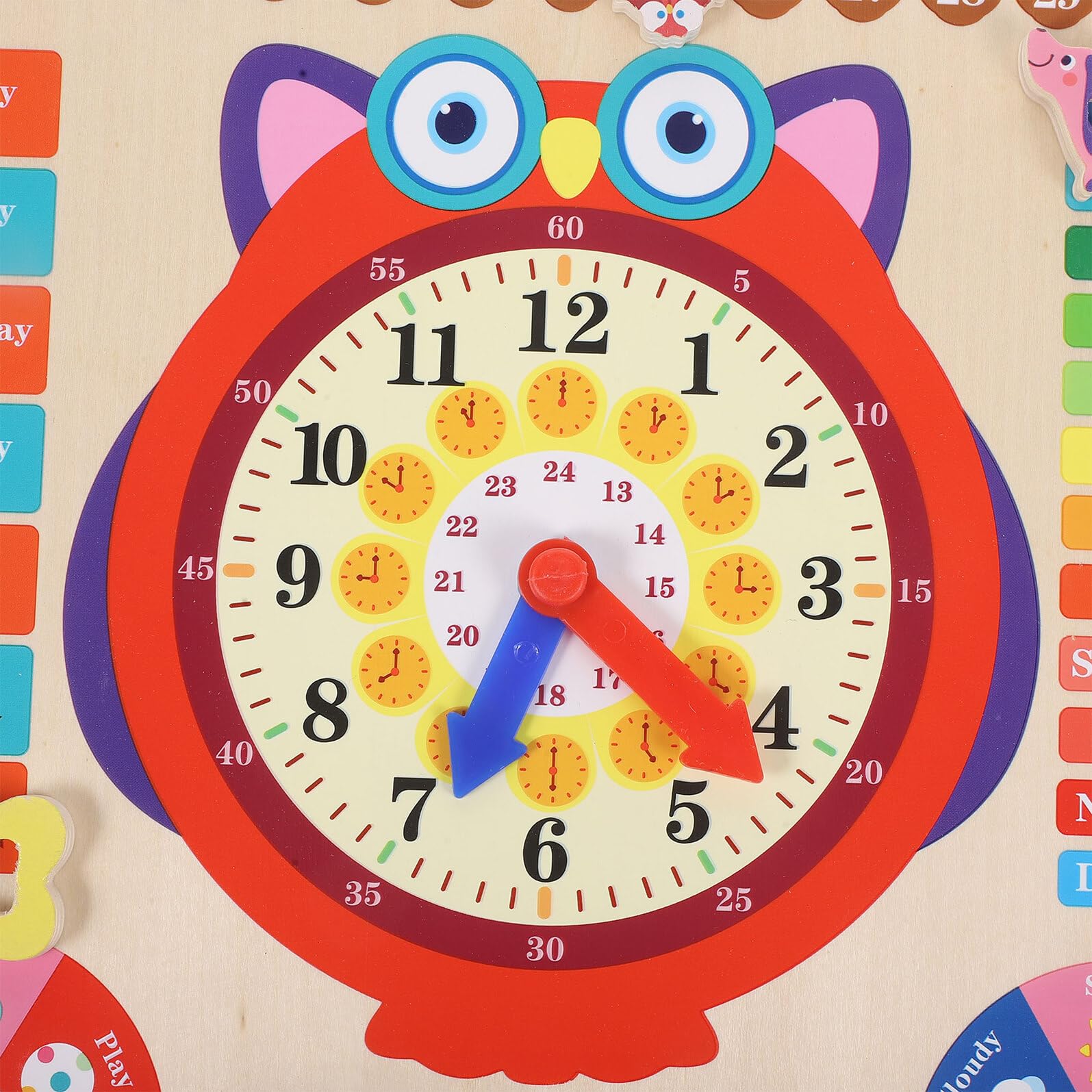 NOLITOY Reloj de Madera Educativo para Reloj Didáctico de Búho para Aprendizaje de Clima y Estaciones Juguete de Desarrollo Cognitivo para Alumnos de Años Infantiles