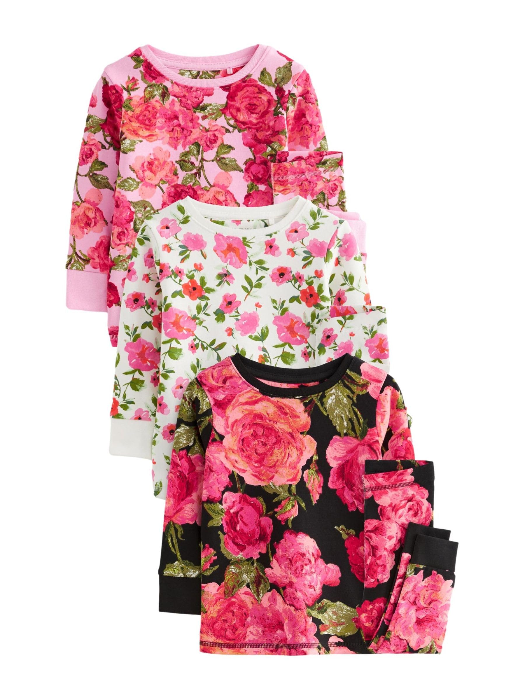 NEXT Ragazza Confezione da 3 Pigiami Comodi a Fiori | Bambino, Standard, Mid Rise, Pull On, 100% cotone