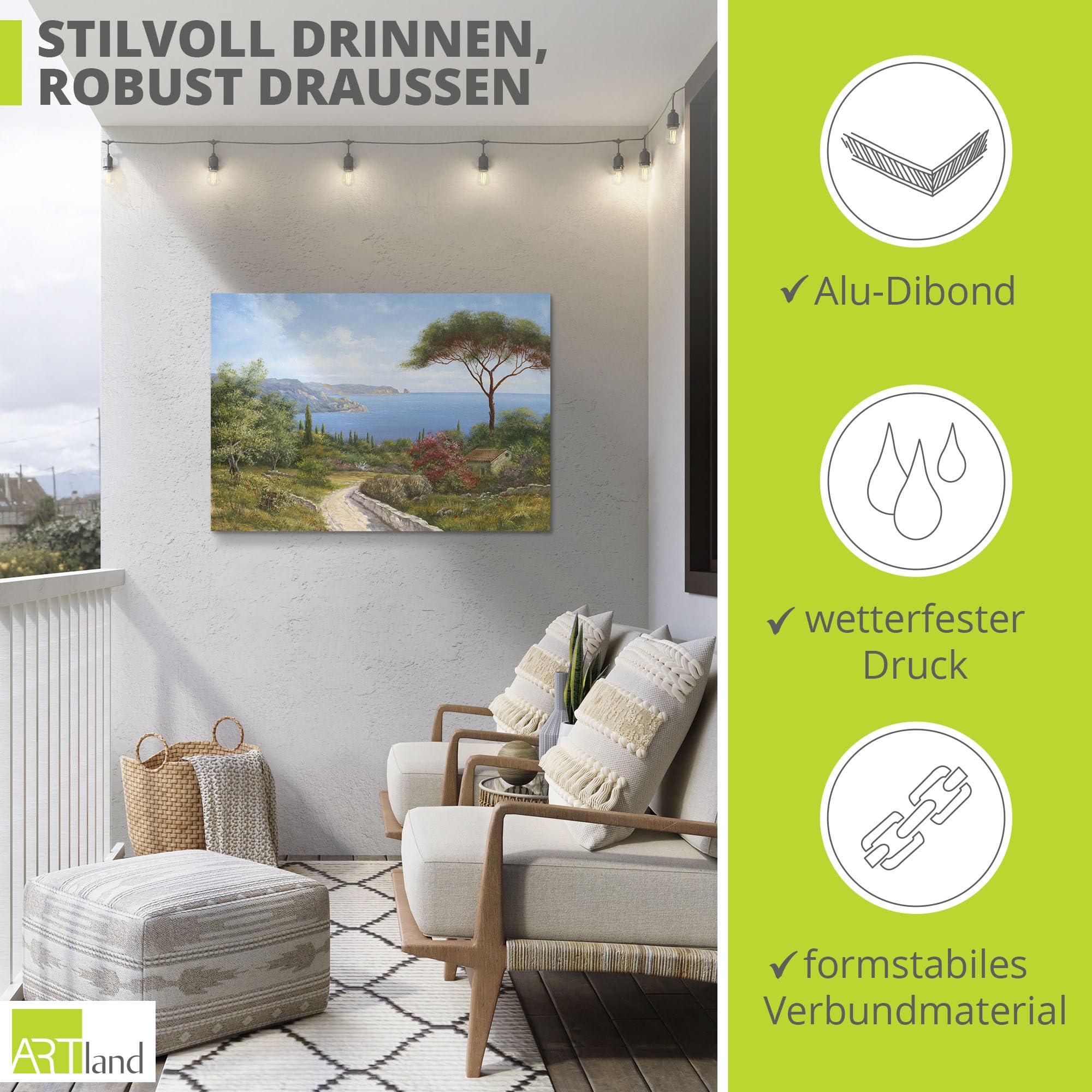 ARTland Wanddeko Wandbild Alu Verbundplatte für Innen & Outdoor Bild Landschaft Toskana Meer Küste Natur Wald Baum Himmel Malerei T4DL