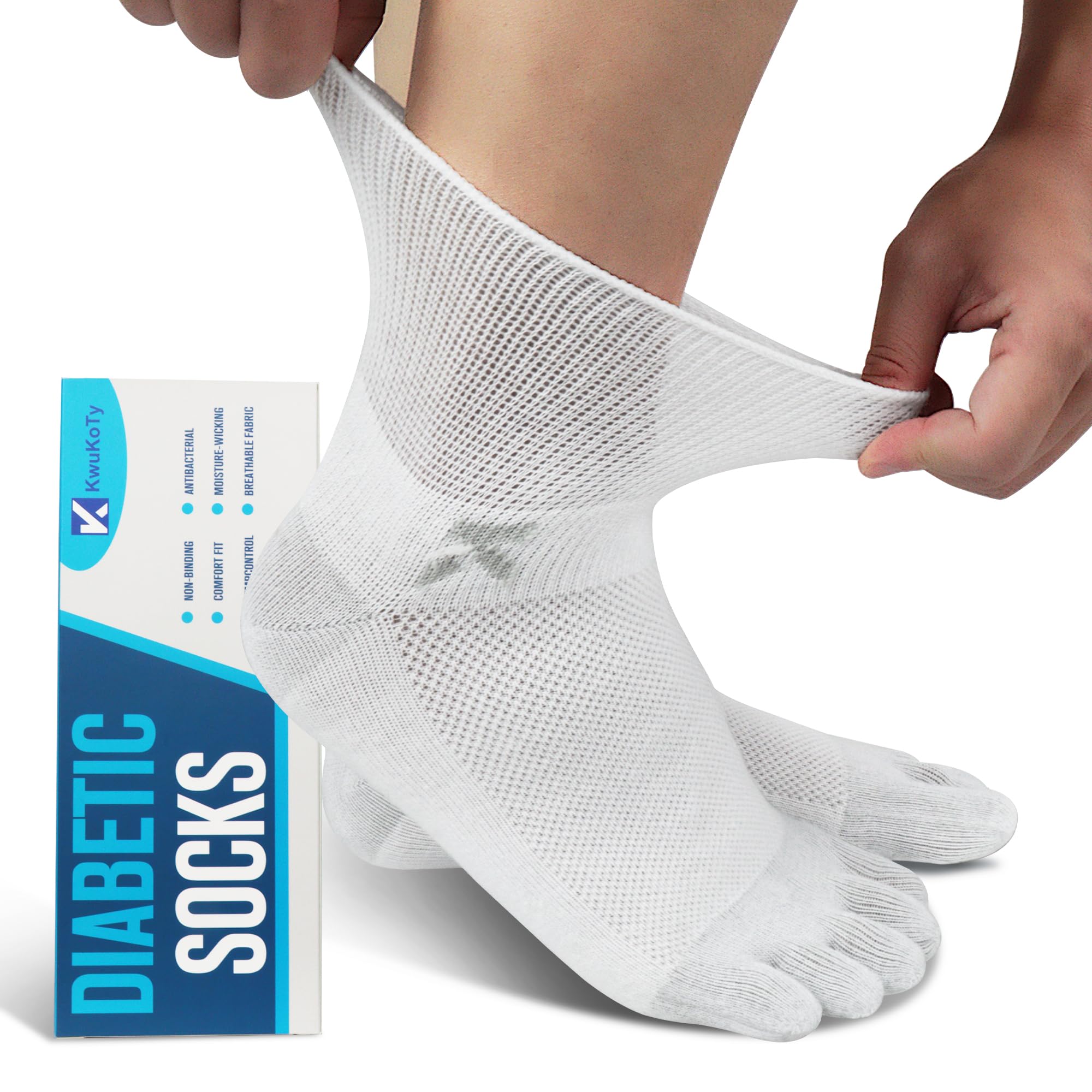 KWUKOTY Diabetic Toe Socks for Women and Men - 4 Pairs, Seamless Loose Fit Non-Binding Cotton Crew Socks