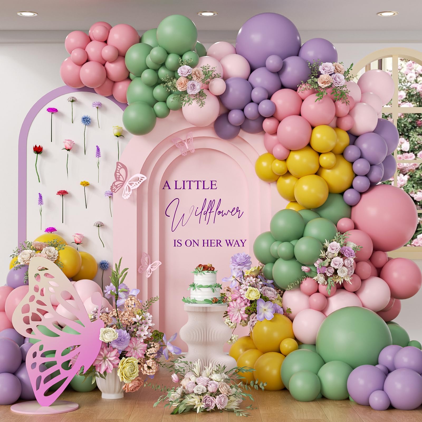 131pcs Wildflower Floral Balloon Arch Garland Kit with Purple Dusty Pink Sage Green Light Pink Mustard Yellow Latex Balloons for Baby in Bloom