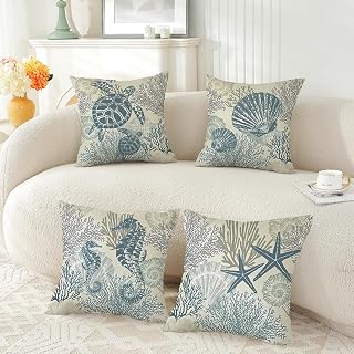 TAOSON Pack of 4 Coastal Our Home Throw Pillow Covers 18x18 Inch - Seahorse Turtle Starfish Farmhouse Cushion Cases for Patio Furniture & Garden (S207019)