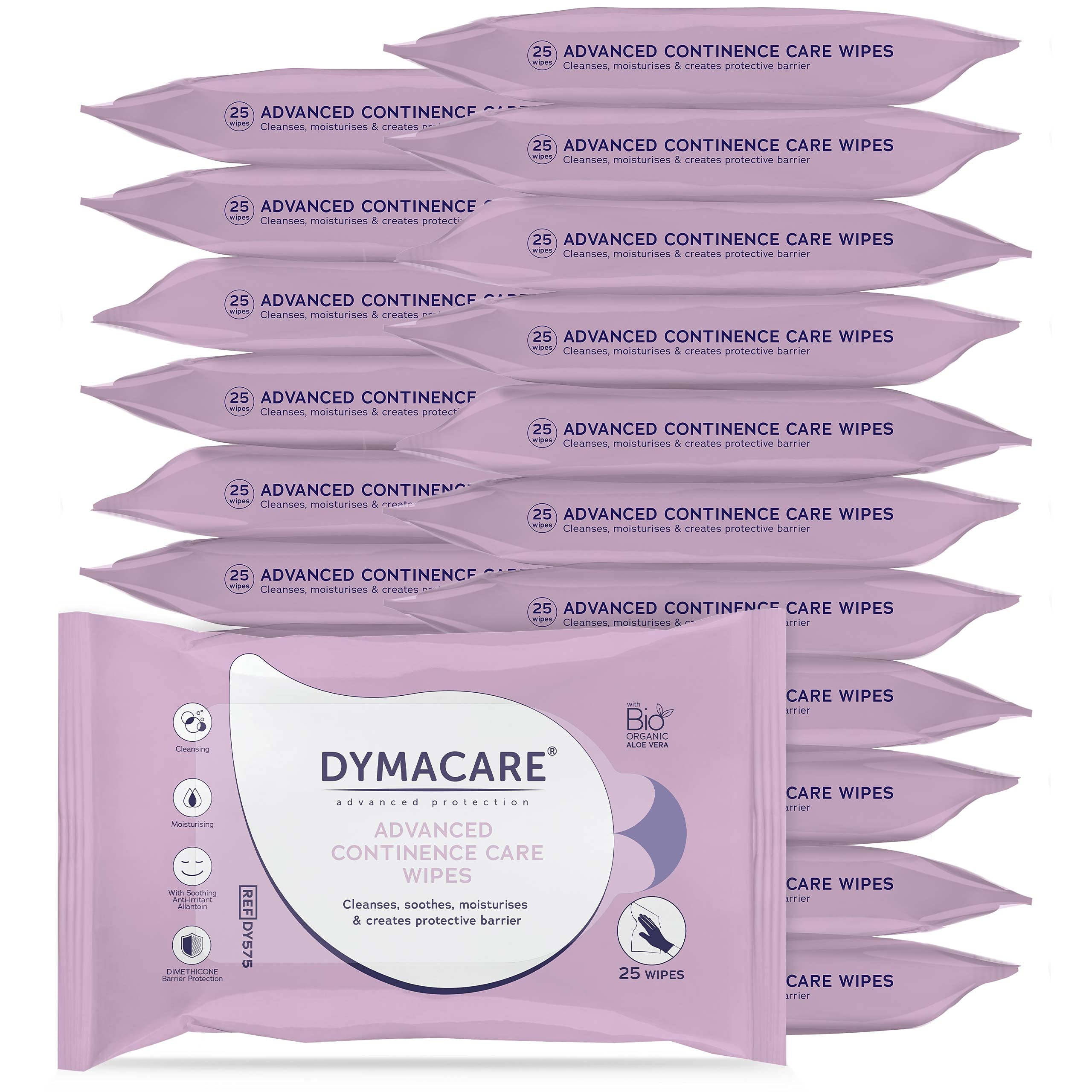 DYMACARE Advanced Kontinenzpflegetücher | Adult Premium Einweg-Inkontinenz-Feuchttücher zur Hautreinigung mit Schutzcreme & Aloe Vera | 22 Packungen (insgesamt 550 Tücher)
