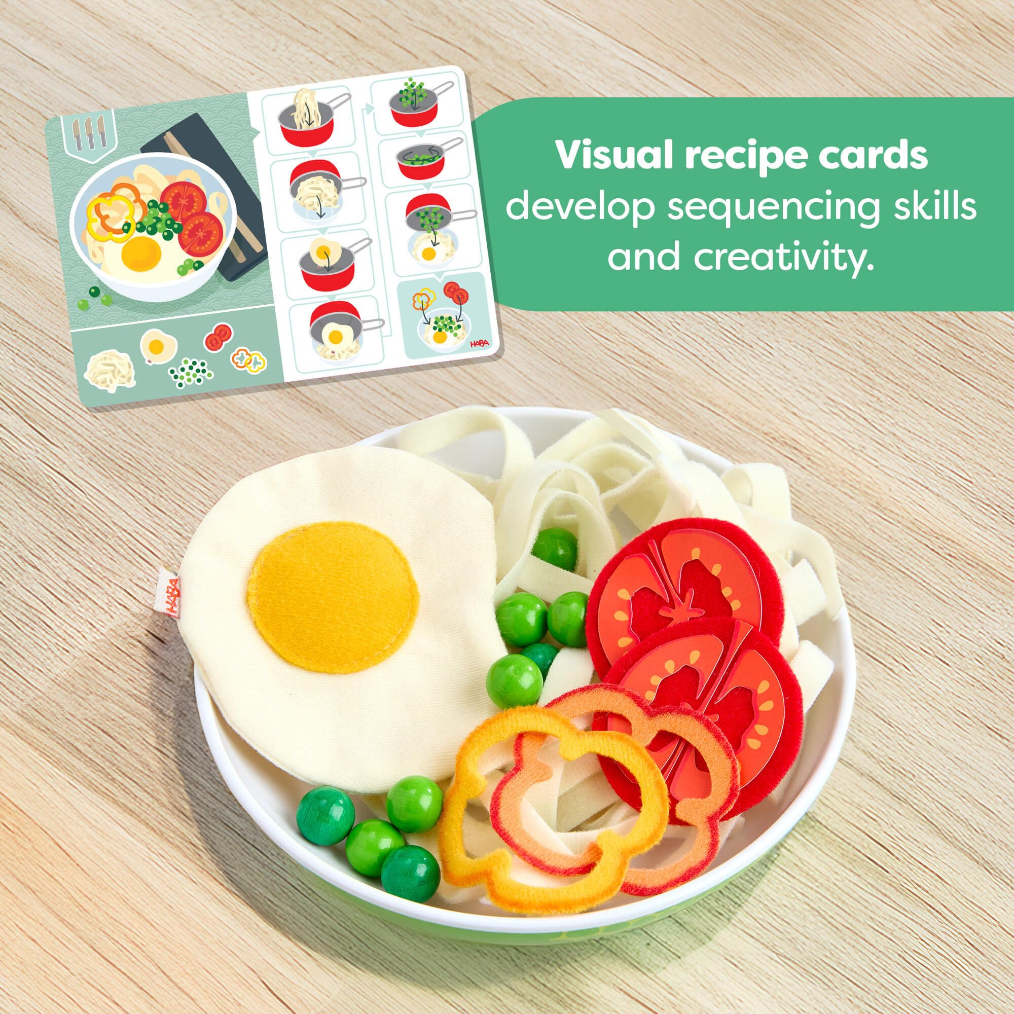HABA Creative Play Fresh Box – zabawka spożywcza z drewna i tkaniny, z kartami z przepisami do uzupełniania gotowania, akcesoria do kuchni zabaw i sklepu handlowego, od 3 lat, 2012310001
