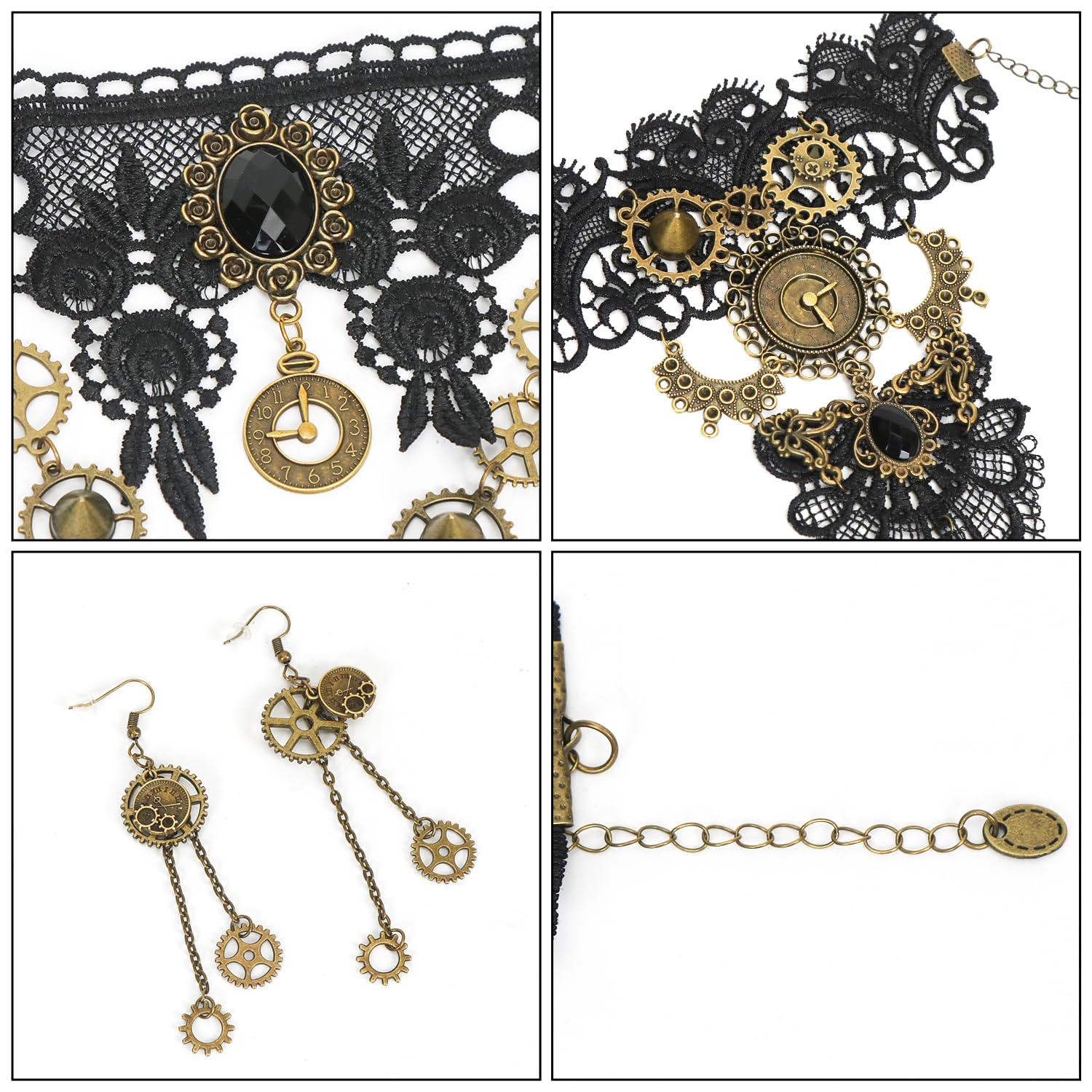 Ensemble Accessoires Gothiques Steampunk Femme - Collier Et Bracelets Dentelle Noire - Idéal Halloween Et Mascarade