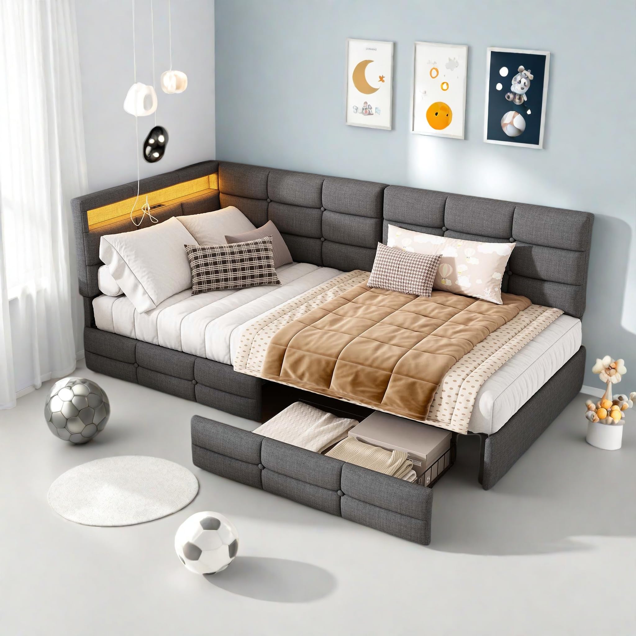 Łóżko dziecięce 90 x 200 cm z diodami LED i portem USB, 1-osobowa sofa 90 x 200 cm z 2 szufladami i stelażem, wyściełany zagłówek w kształcie litery L, dla nastolatków i dorosłych, lniane, szare