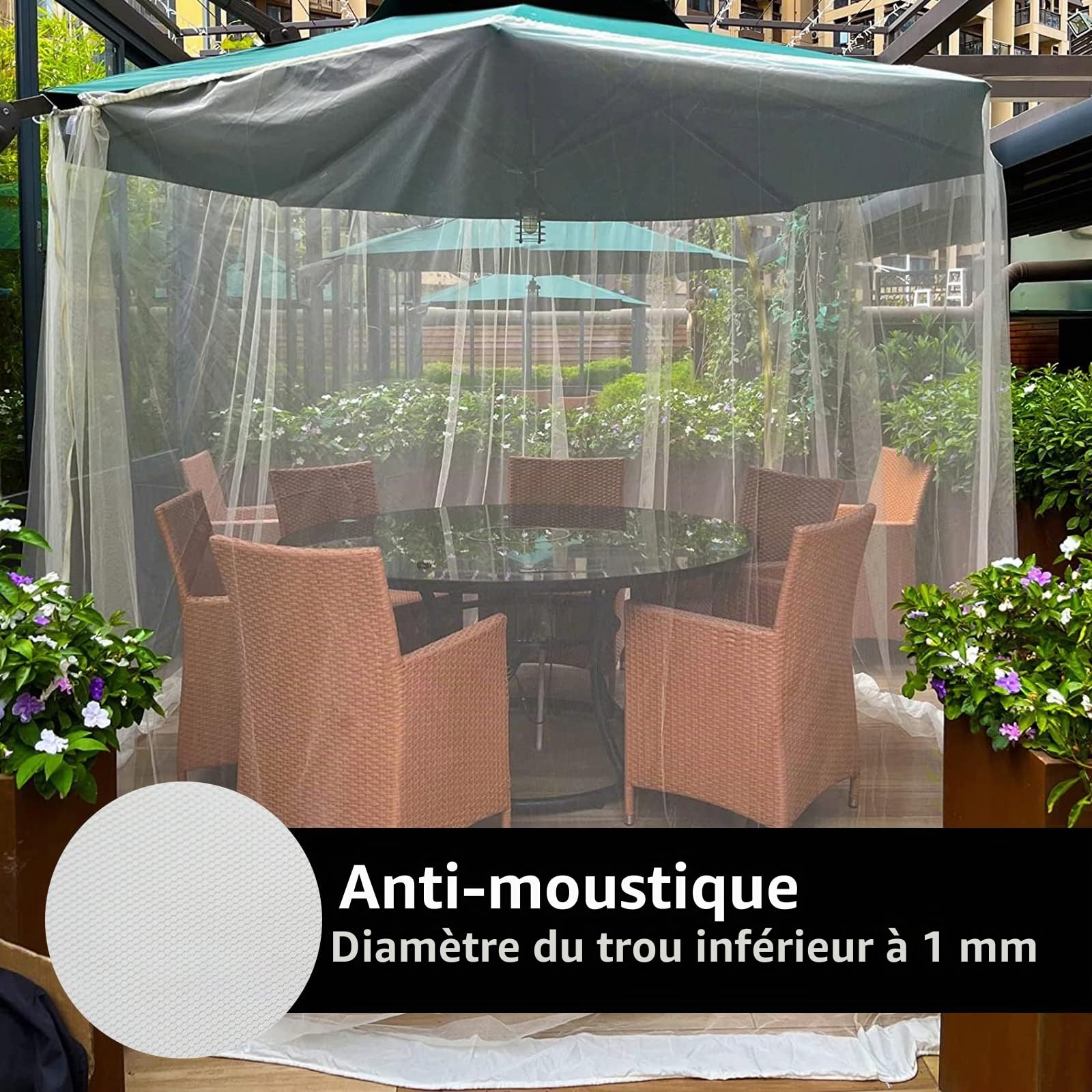 Moustiquaire pour parasols - Avec porte zippée - Pour parasols de 250 à 300 cm - Pour parasol de jardin déporté - Blanc