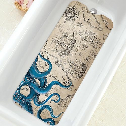Tapete para bañera antideslizante, extra largo, con ventosas y agujeros de drenaje para adultos, niños y ancianos, 40 x 16 pulgadas