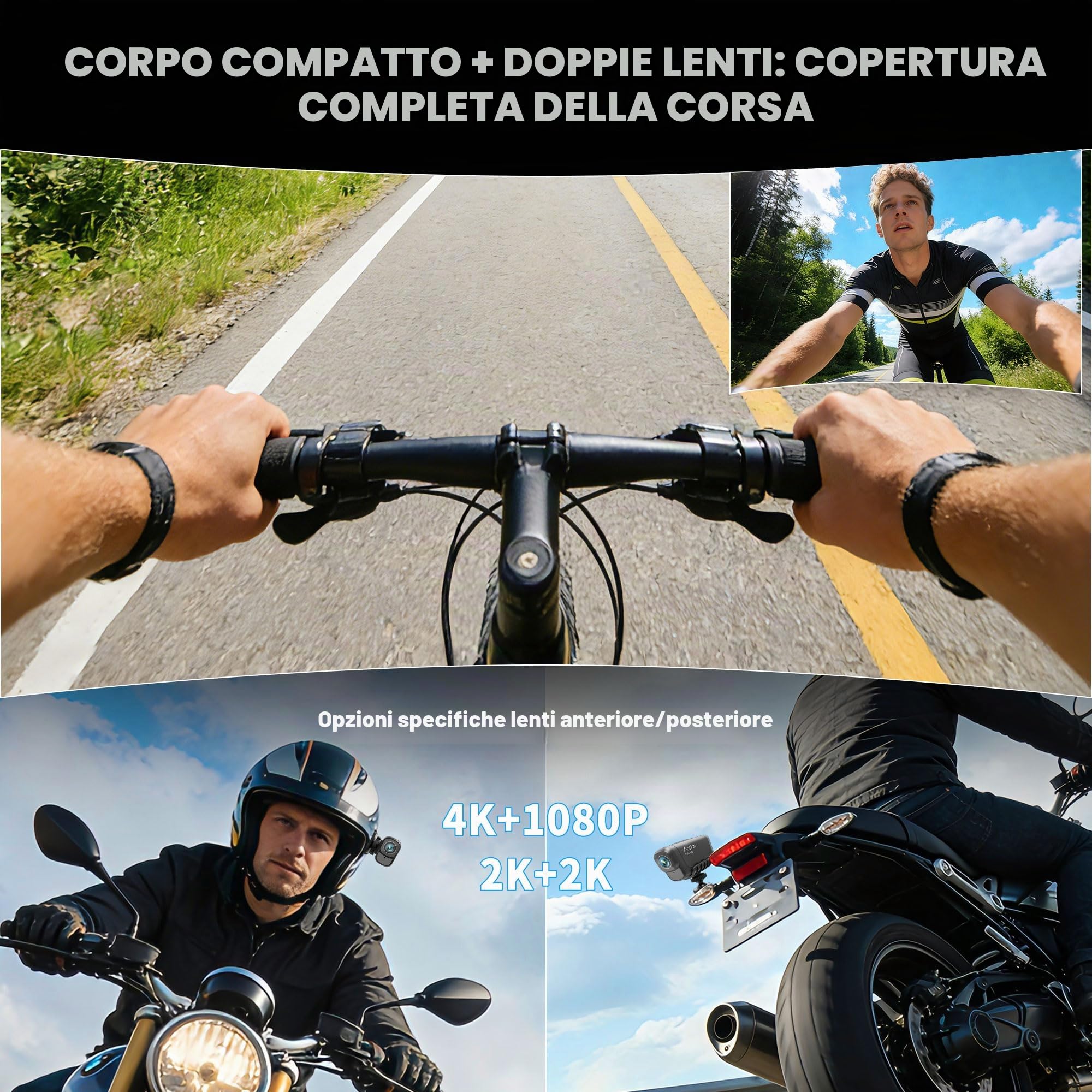 Dashcam Moto 4K+1080P, Doppia Telecamera, Impermeabile IP65, F2,2 Visione Notturna, Action Cam Moto con WiFi GPS, Mini Telecamera con HDR & APP Per Bicicletta