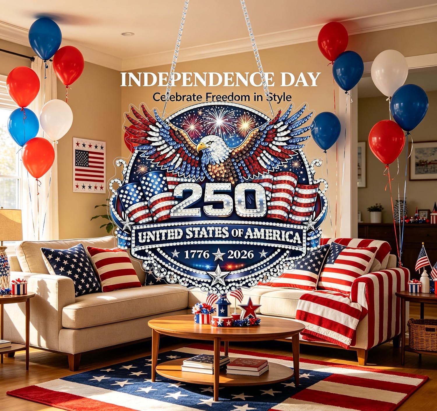 Lndependence Day Hanging Diamonds Art kit for Adult, USA 250th AnniversaryDIY Diamonds Painting Art Kit, Acrylic Diamonds Painting Suncatcher Board Kit Ornament, Special Crystal Diamond Hanging